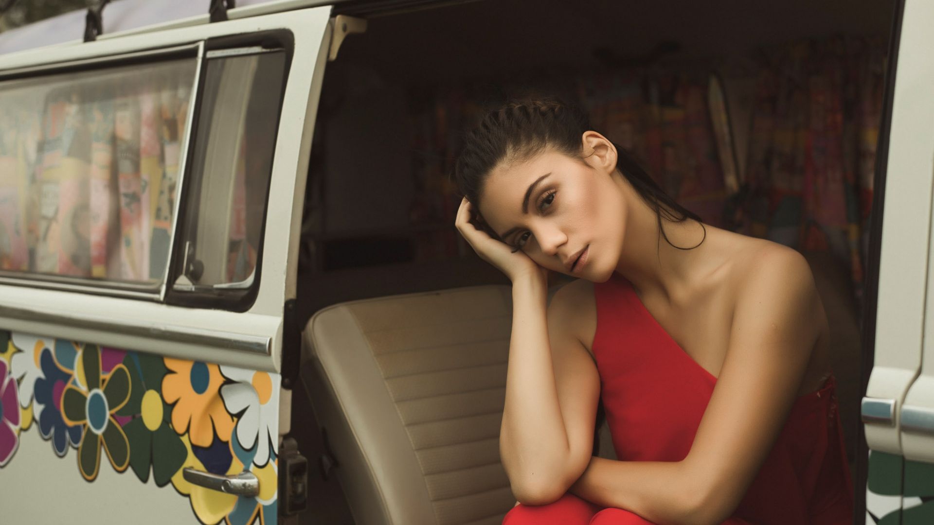 Wallpaper Girl model, sitting, van, brunette, red dress