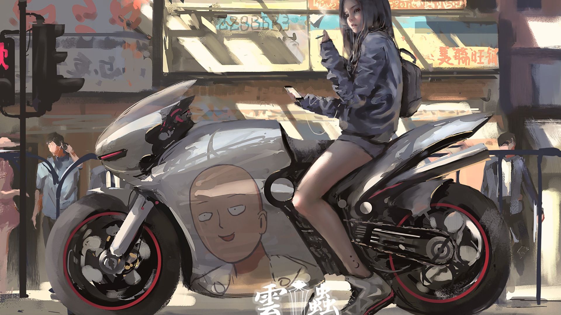 Wallpaper One punch man anime girl on bike, anime artwork