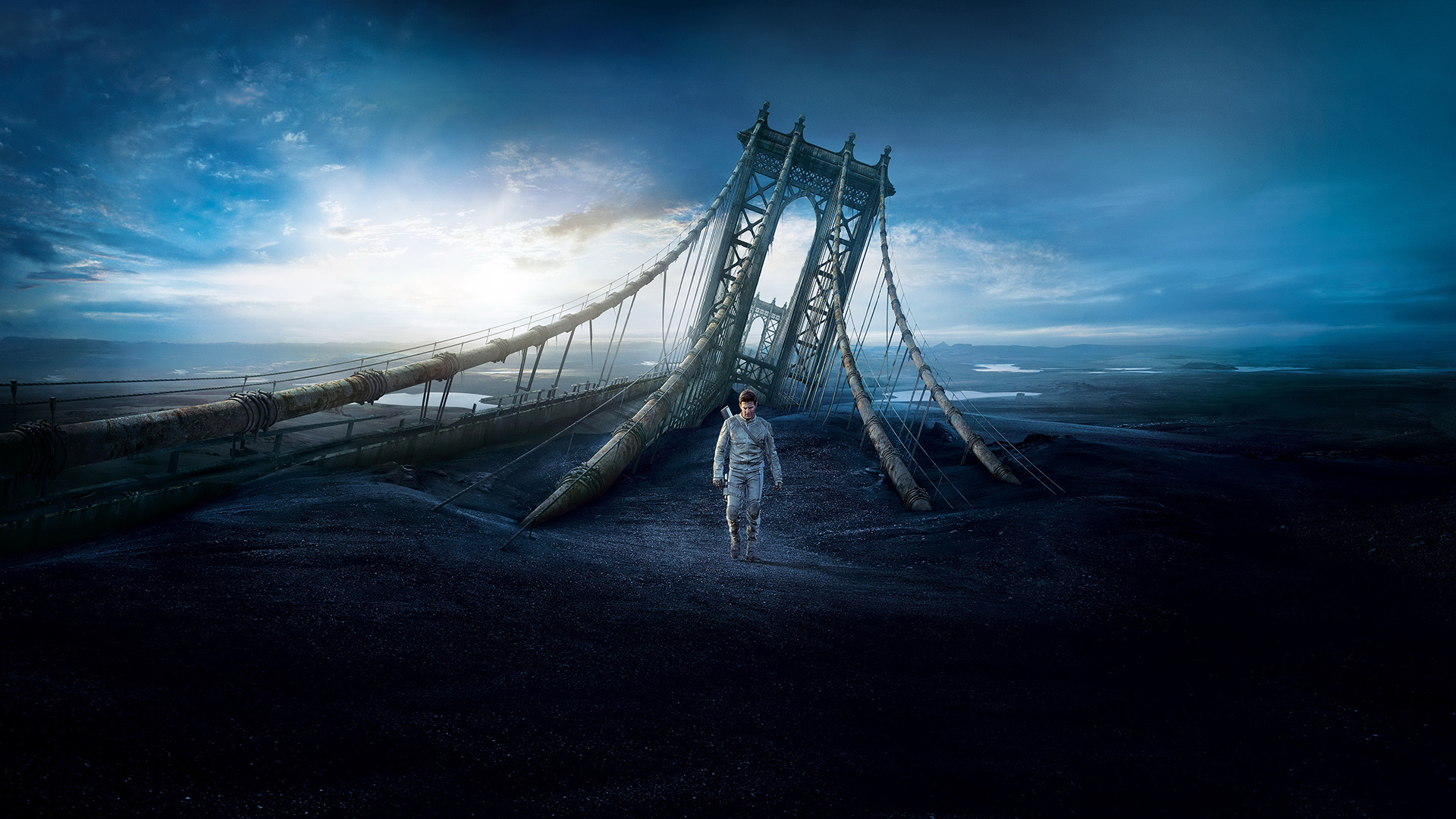 Wallpaper Tom Cruise in Oblivion movie, broken bridge, desert
