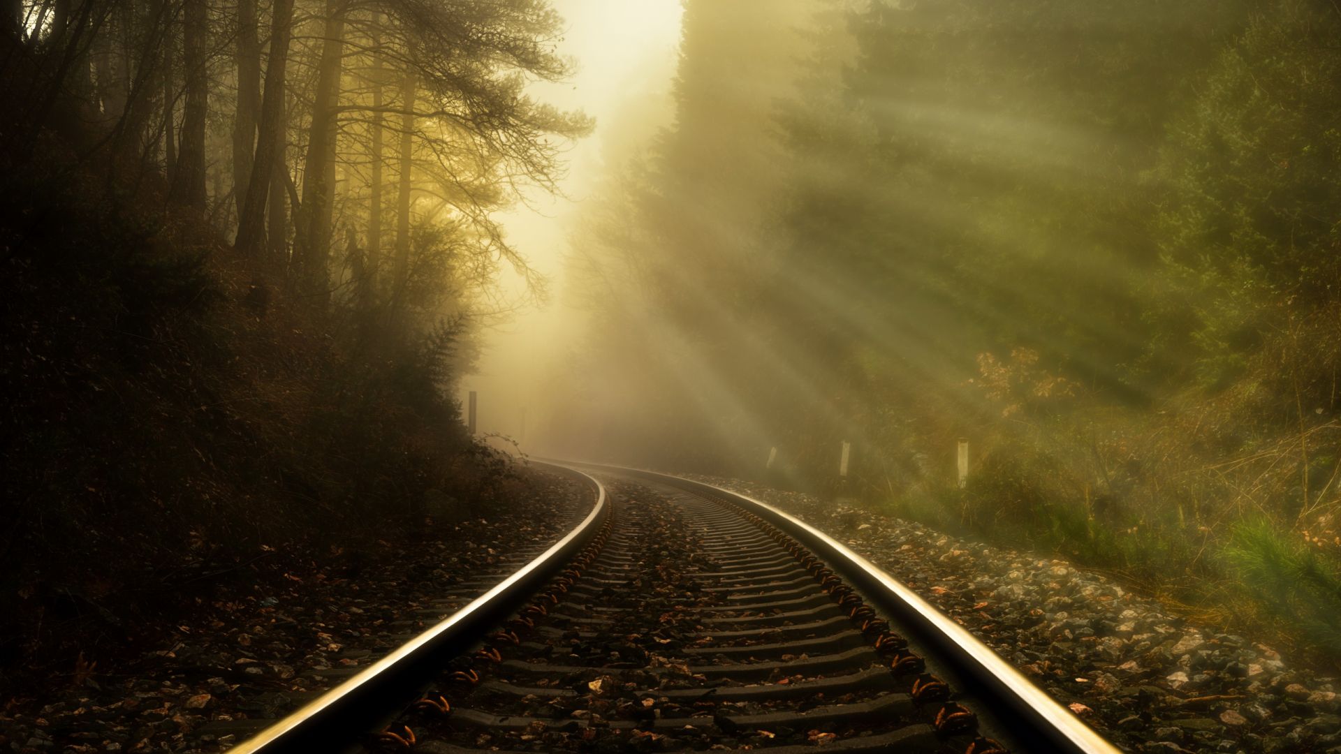 Wallpaper Rail road, sunlight, mist, fog