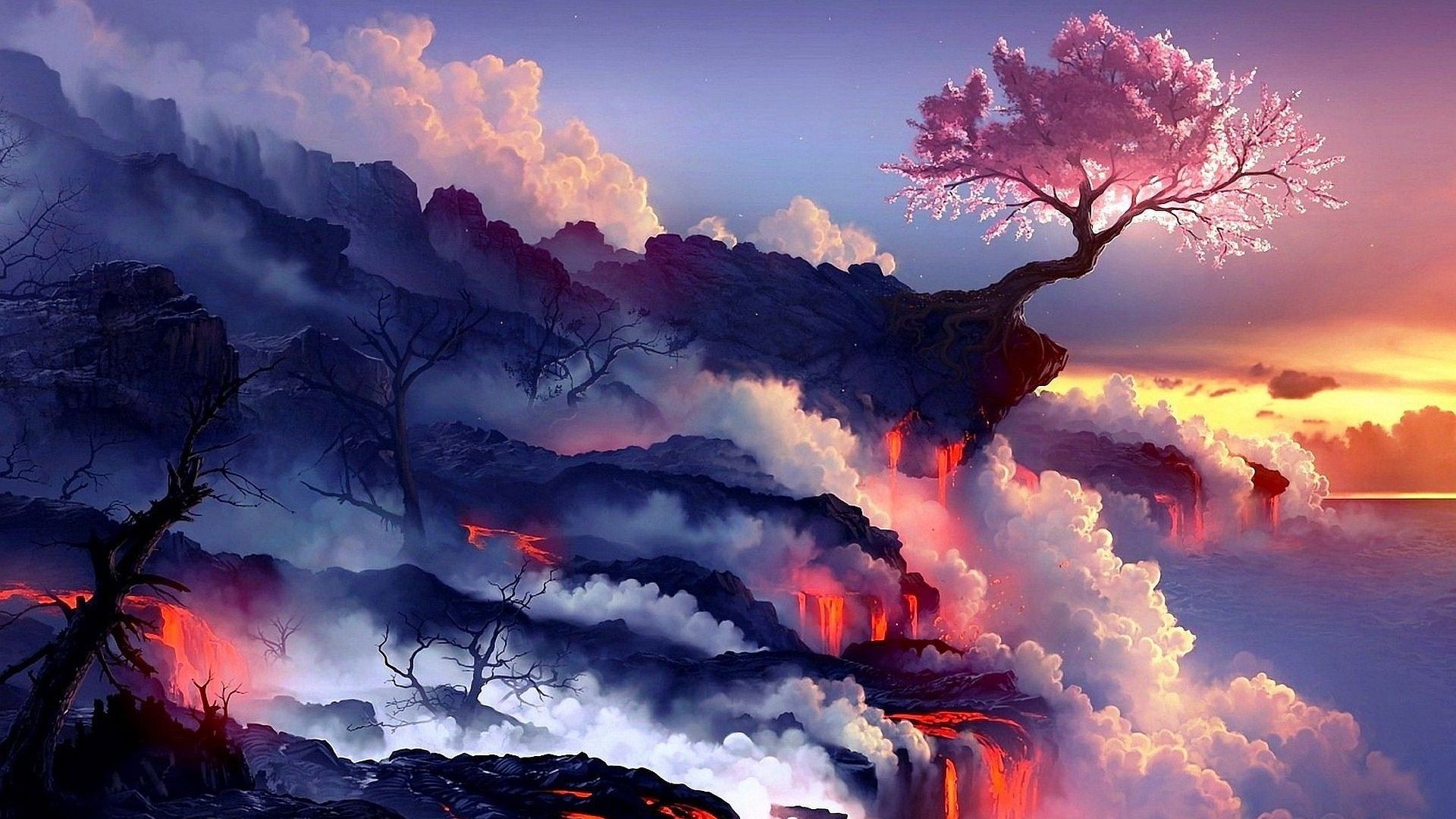 Wallpaper Lava, tree, clouds, smoke, art