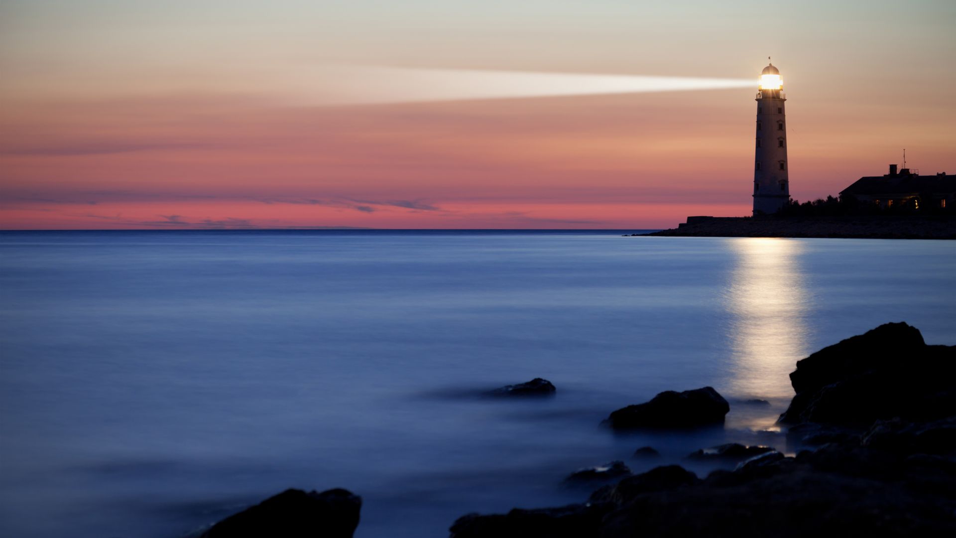 Wallpaper Horizon, lighthouse, sunset, beach