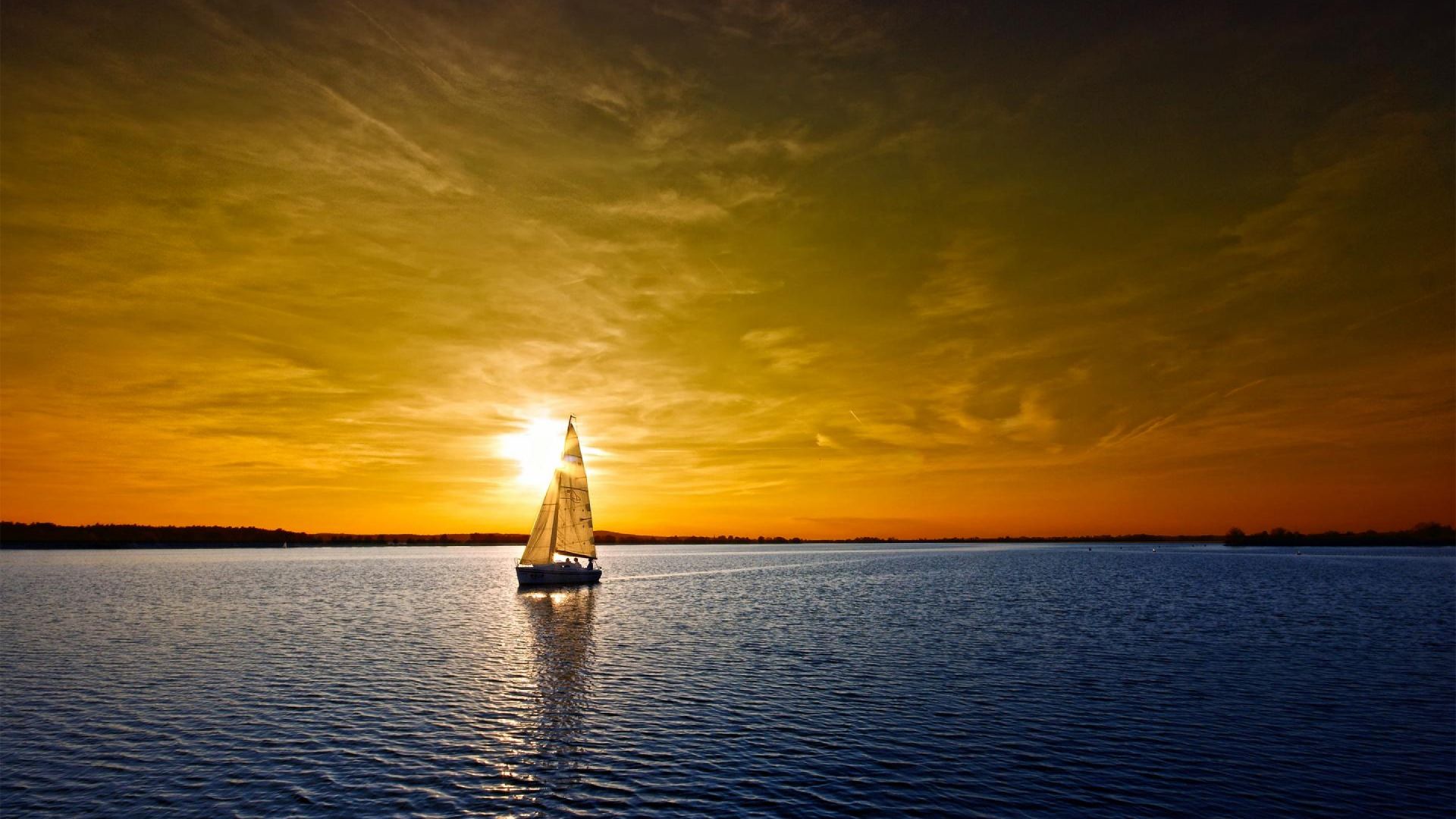 Wallpaper Skyline, sunset, sailboat, ship, sea