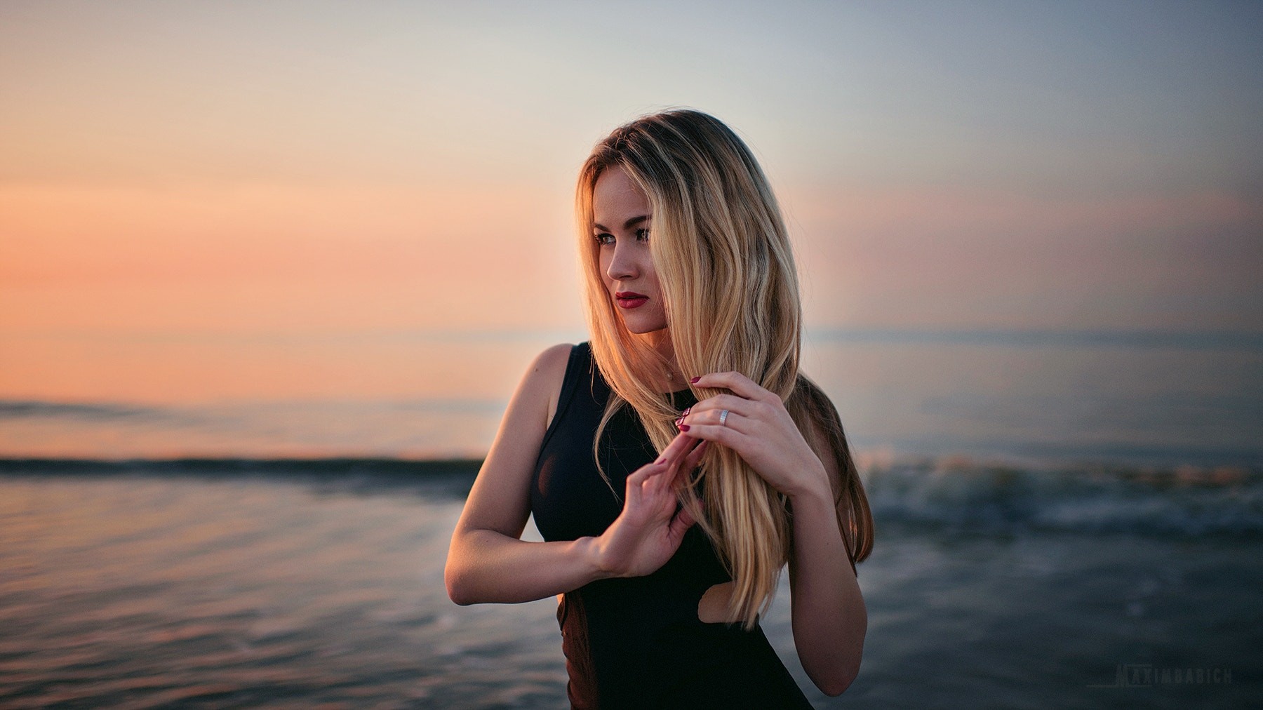 Wallpaper Blonde, girl, model, sea, sunset