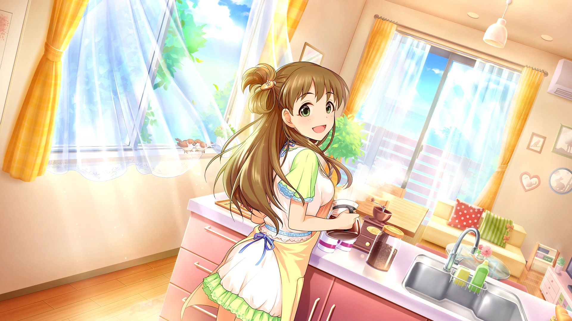 Wallpaper Happy anime girl in kitchen, blonde anime girl