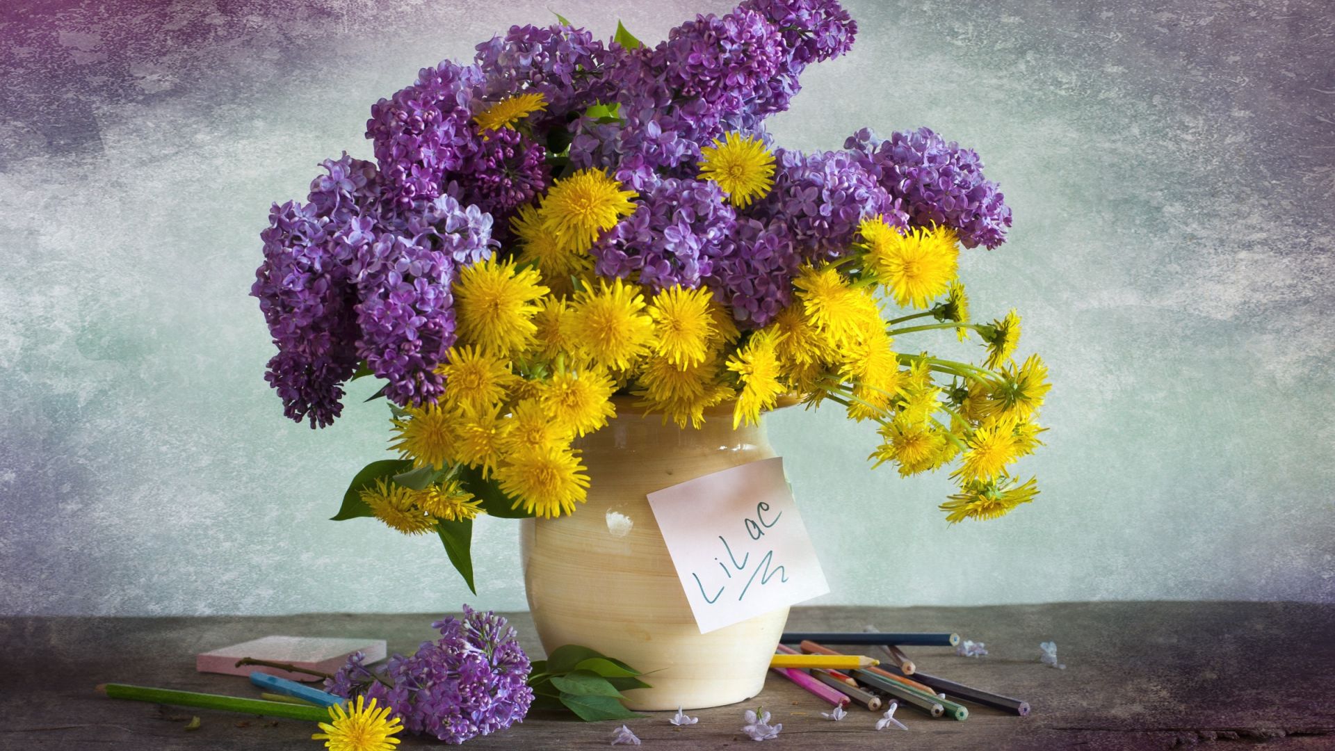 Wallpaper Purple & yellow flowers in vase
