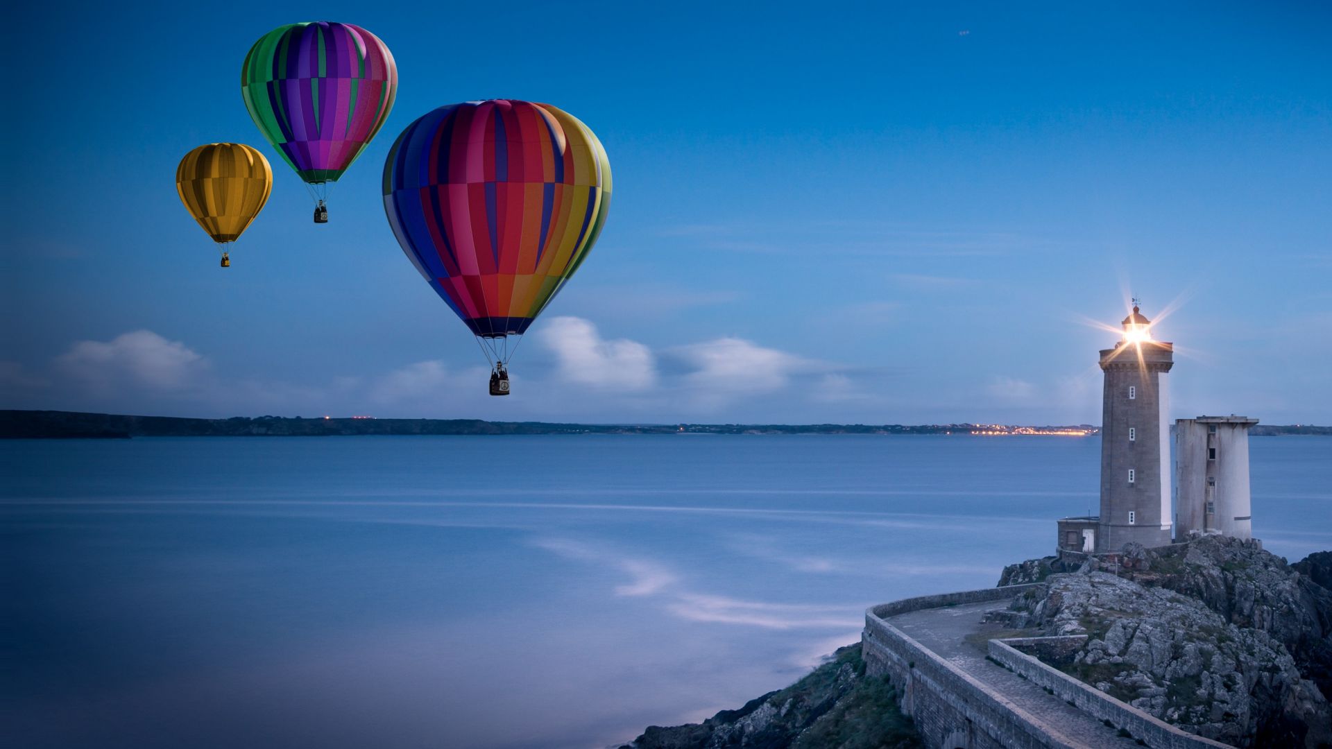Wallpaper Hot air balloon, lighthouse, colorful, sea, skyline