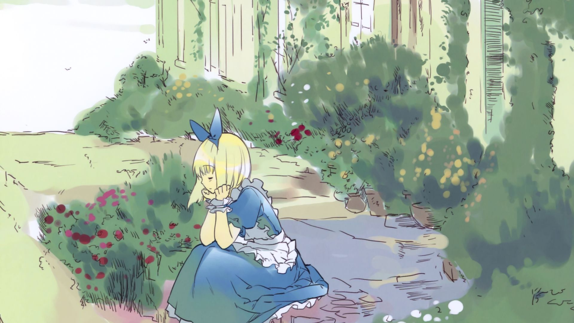 Wallpaper Blonde Alice, Alice in wonderland, sit, anime girl, art