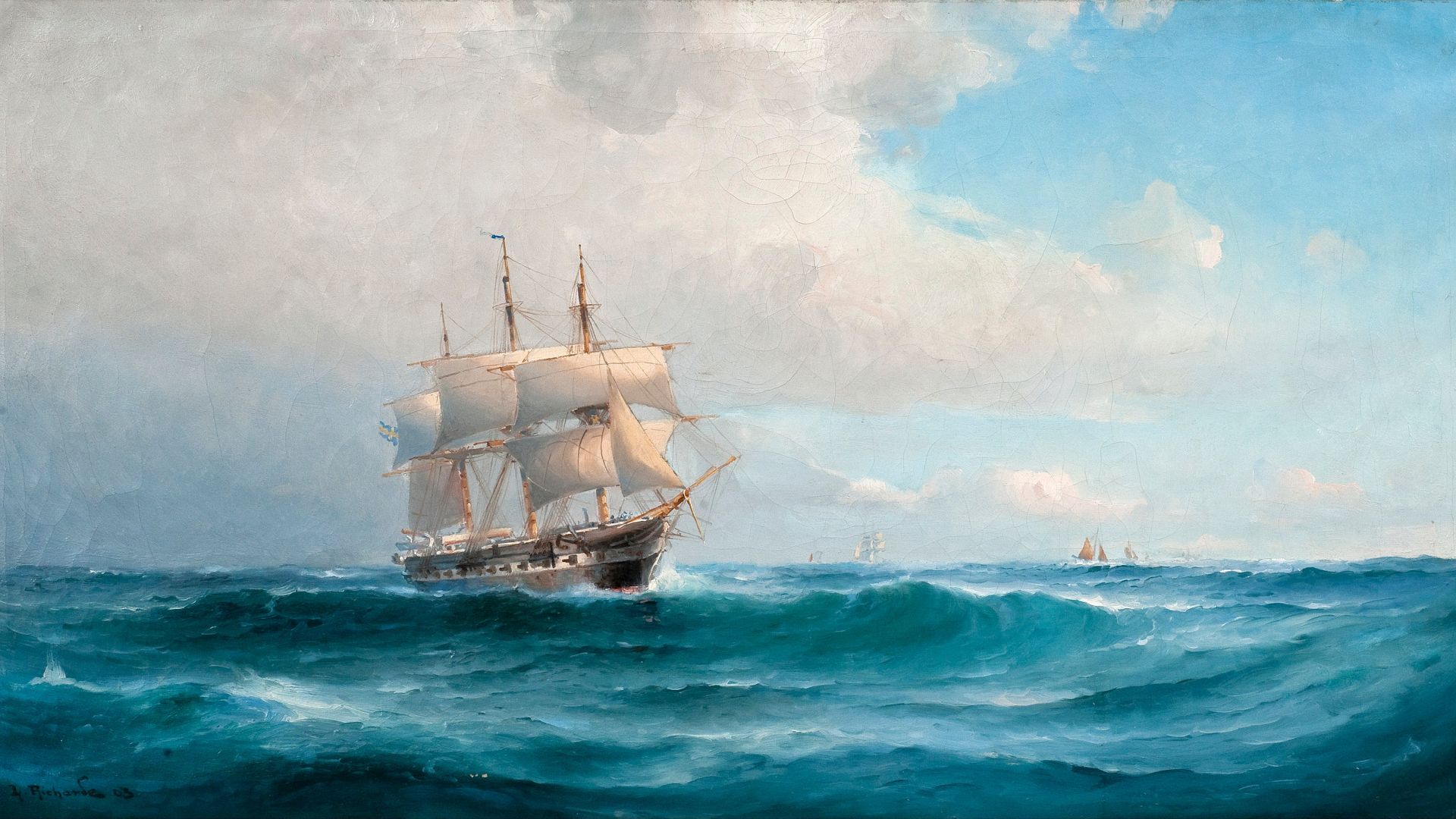 Wallpaper Oil painting ship in ocean wallpaper