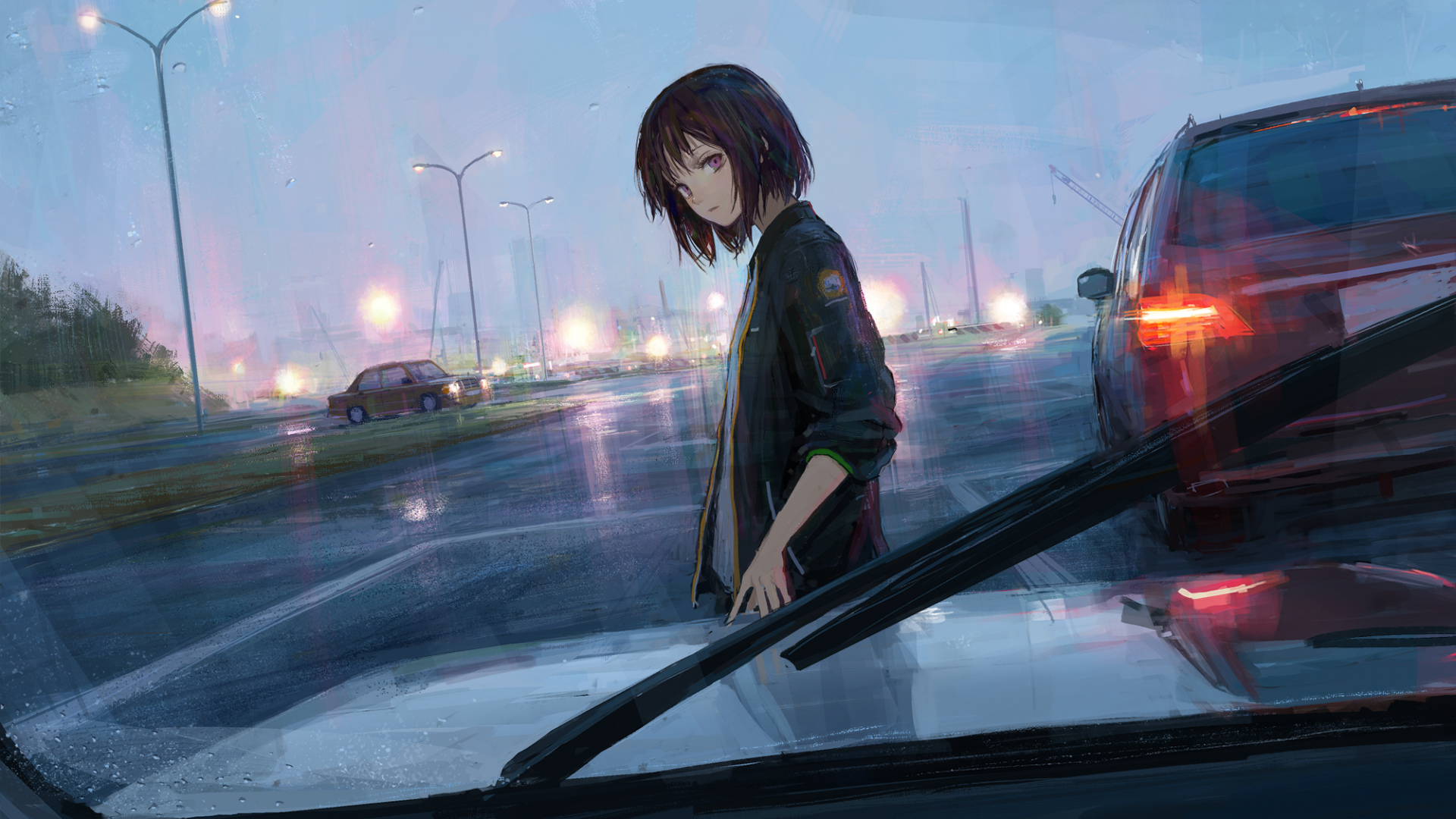 Wallpaper Anime girl, road, cars, rain, art