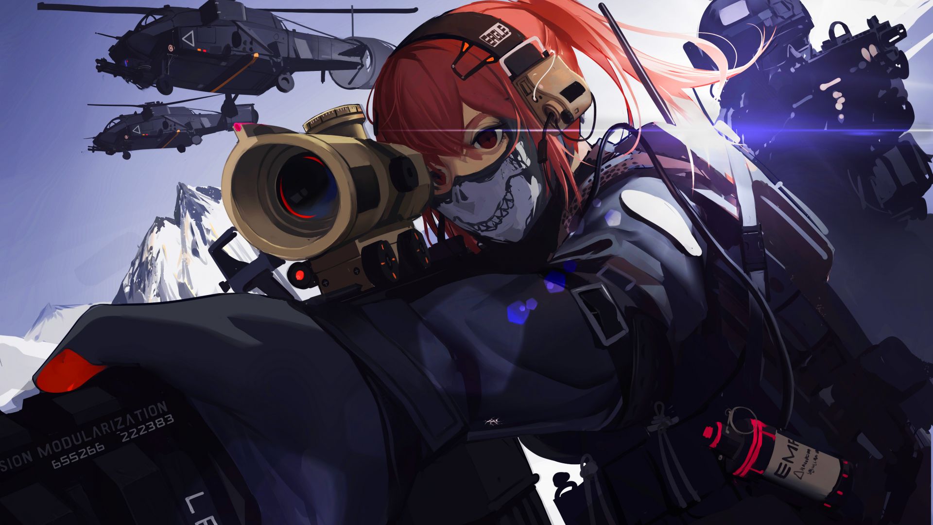 Wallpaper Anime girl, military, mask, redhead girl