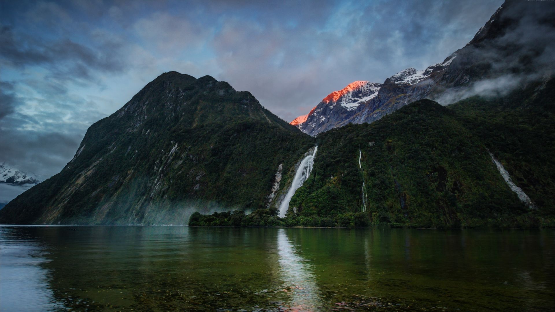 Wallpaper Waterfalls, mountains, sunset, lake