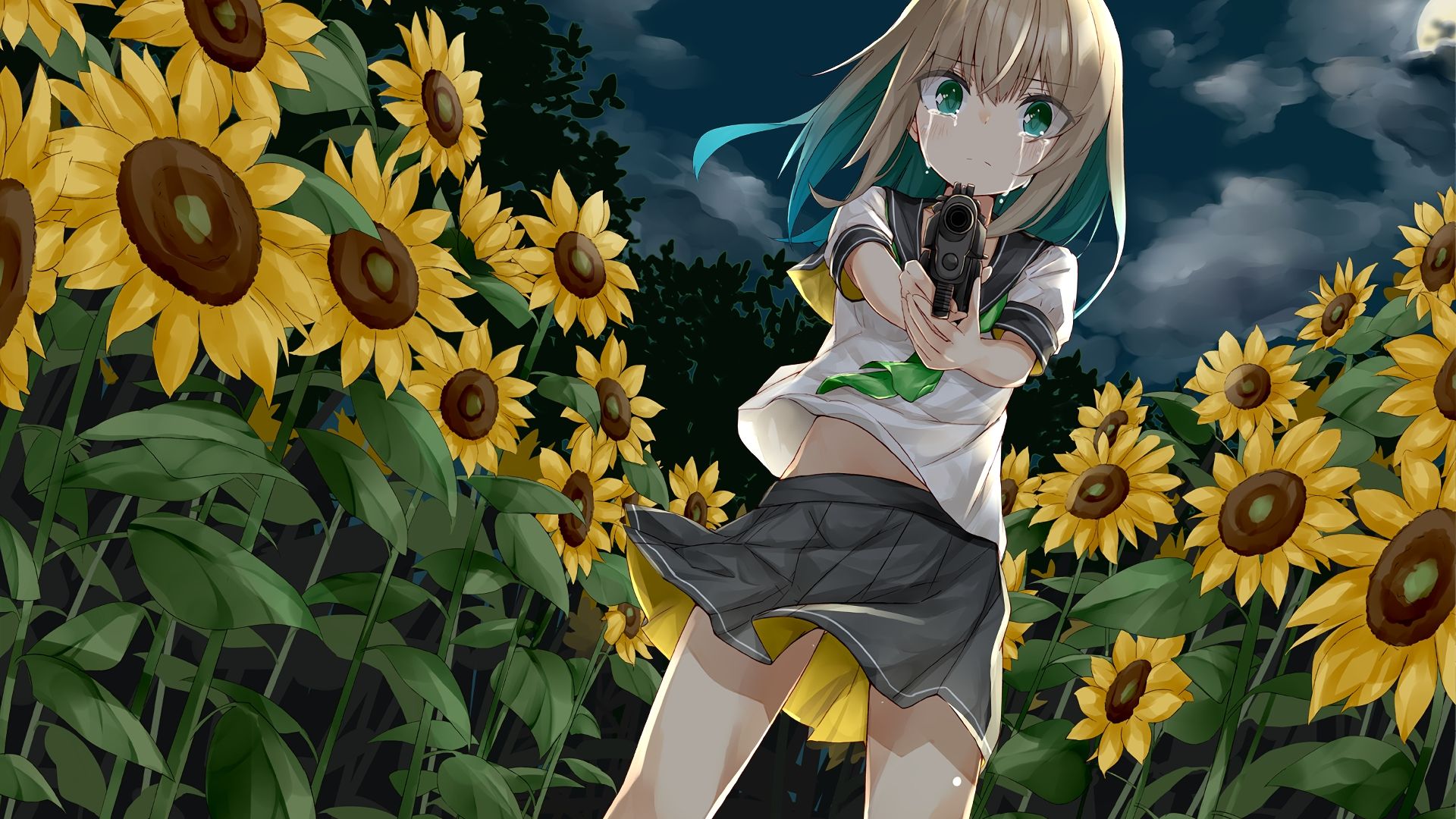 Wallpaper Sunflowers farm, anime girl, blonde