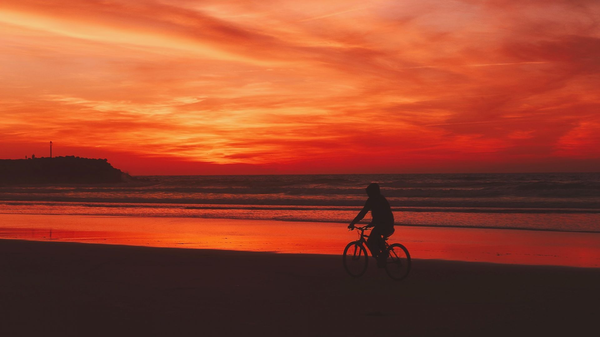 Wallpaper Sunset, beautiful orange sky, clouds, beach, nature