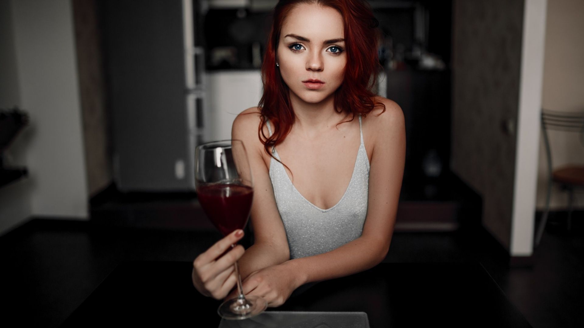 Wallpaper Karoline Kate, red head, model, wine glass