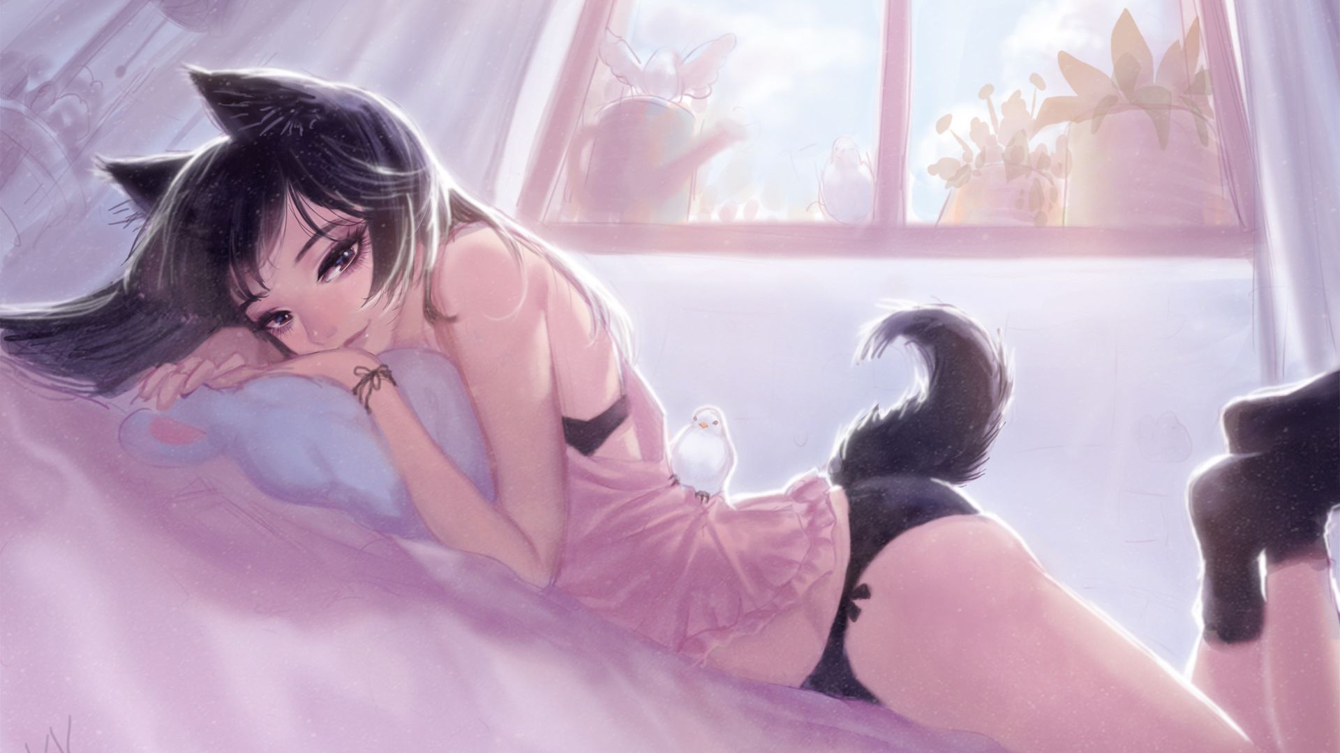 Wallpaper Cat girl in bed, sleep, art