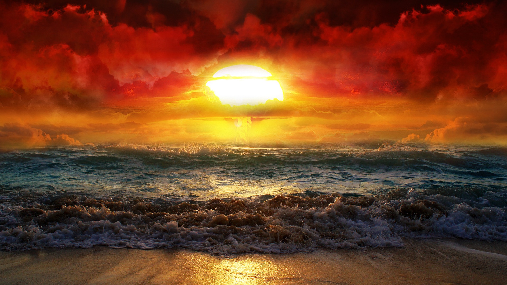 Wallpaper Amazing sunset, waves, beach and sea