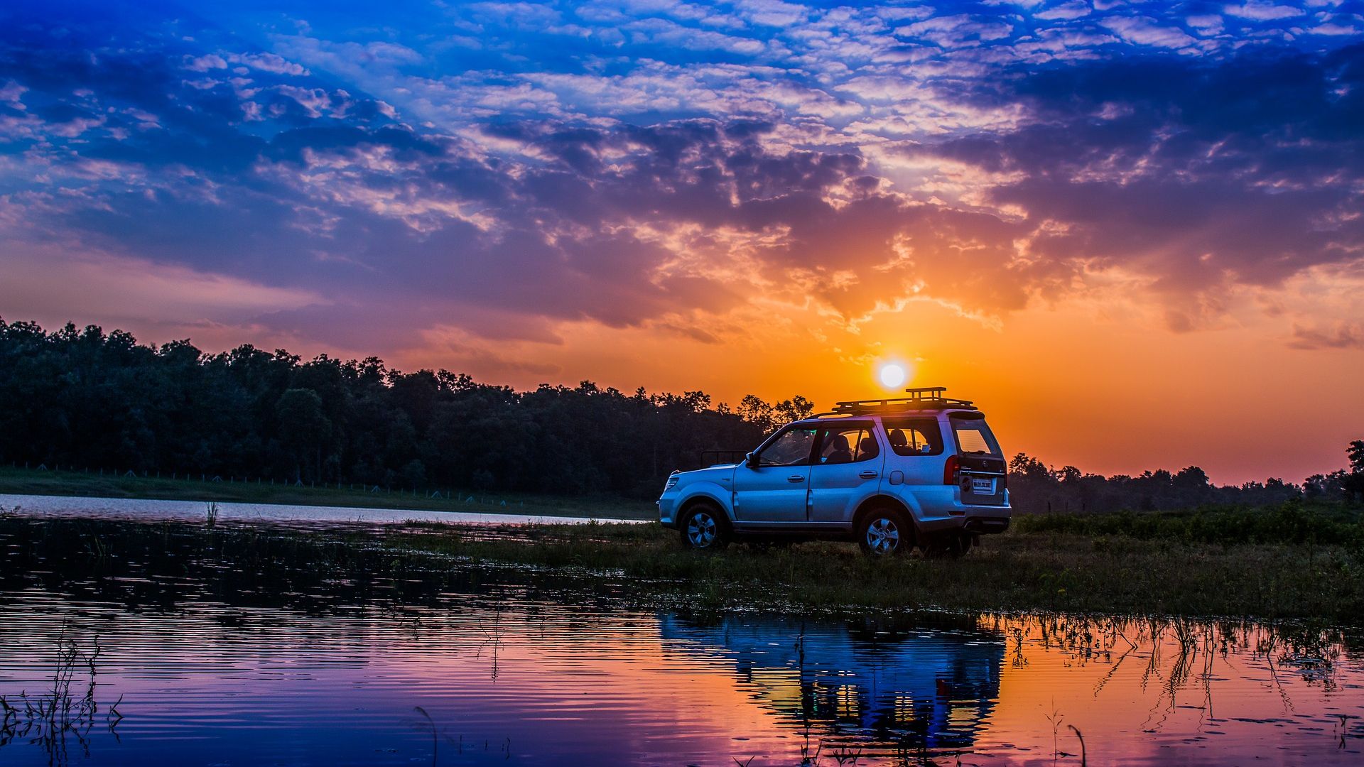 Wallpaper Car, sunset, off road, reflections, river