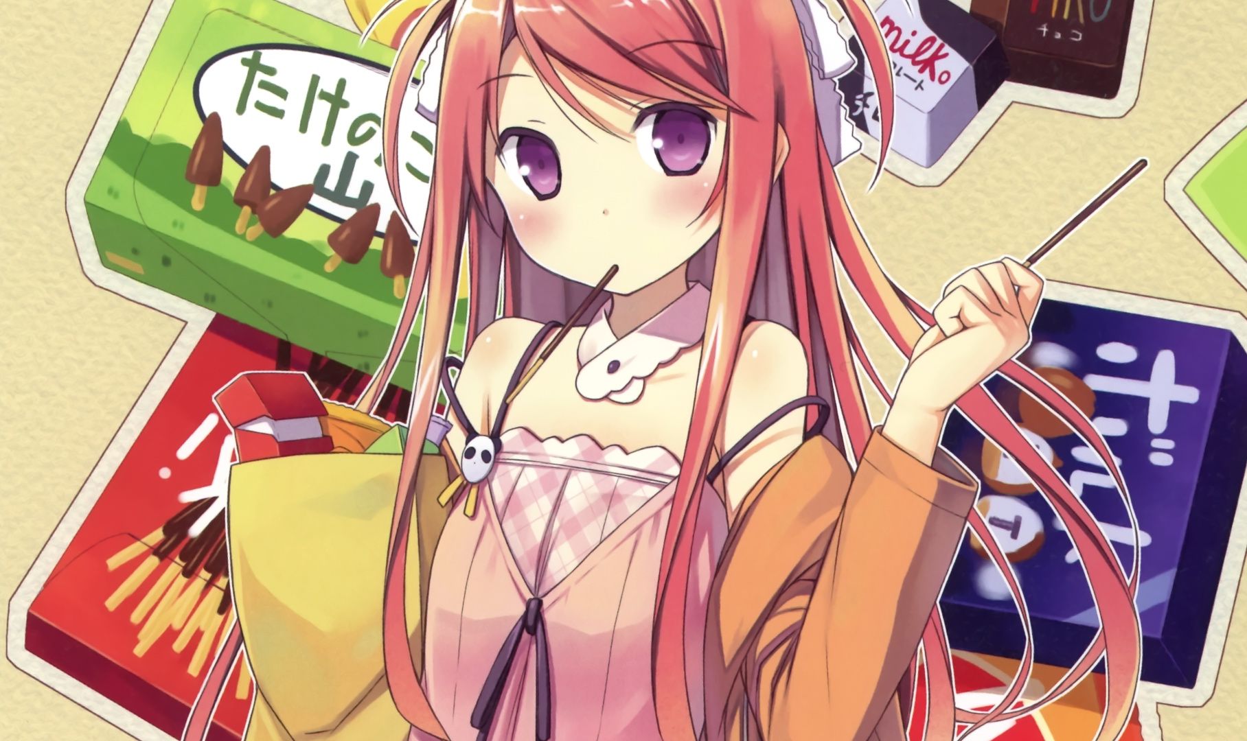 Wallpaper Cute, red head anime girl, shopping, original