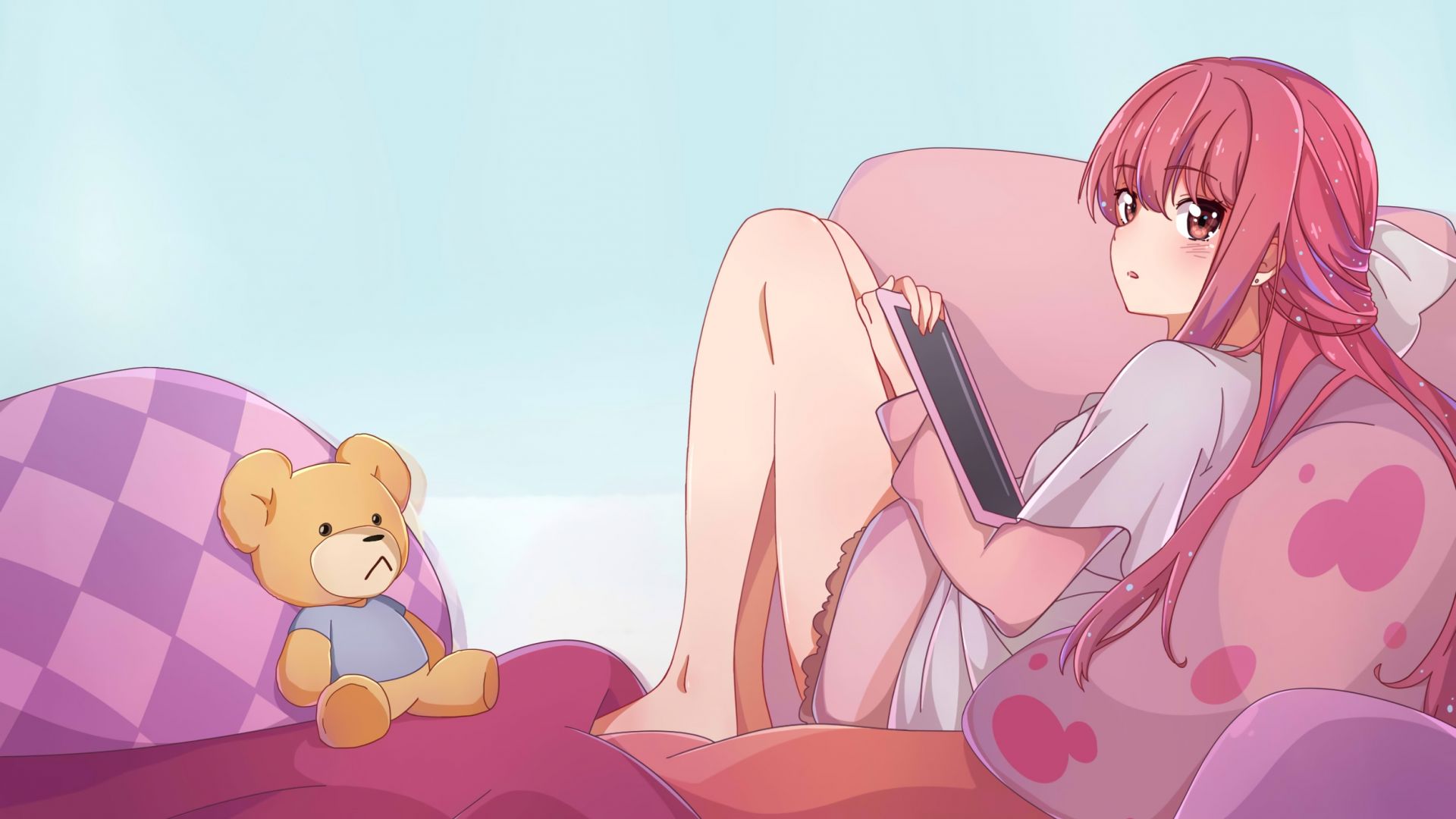 Wallpaper Rin, shelter, anime girl, sit, teddy bear