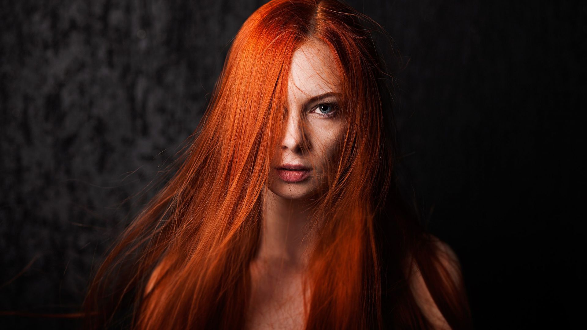 Wallpaper Red head, long hair on face, model