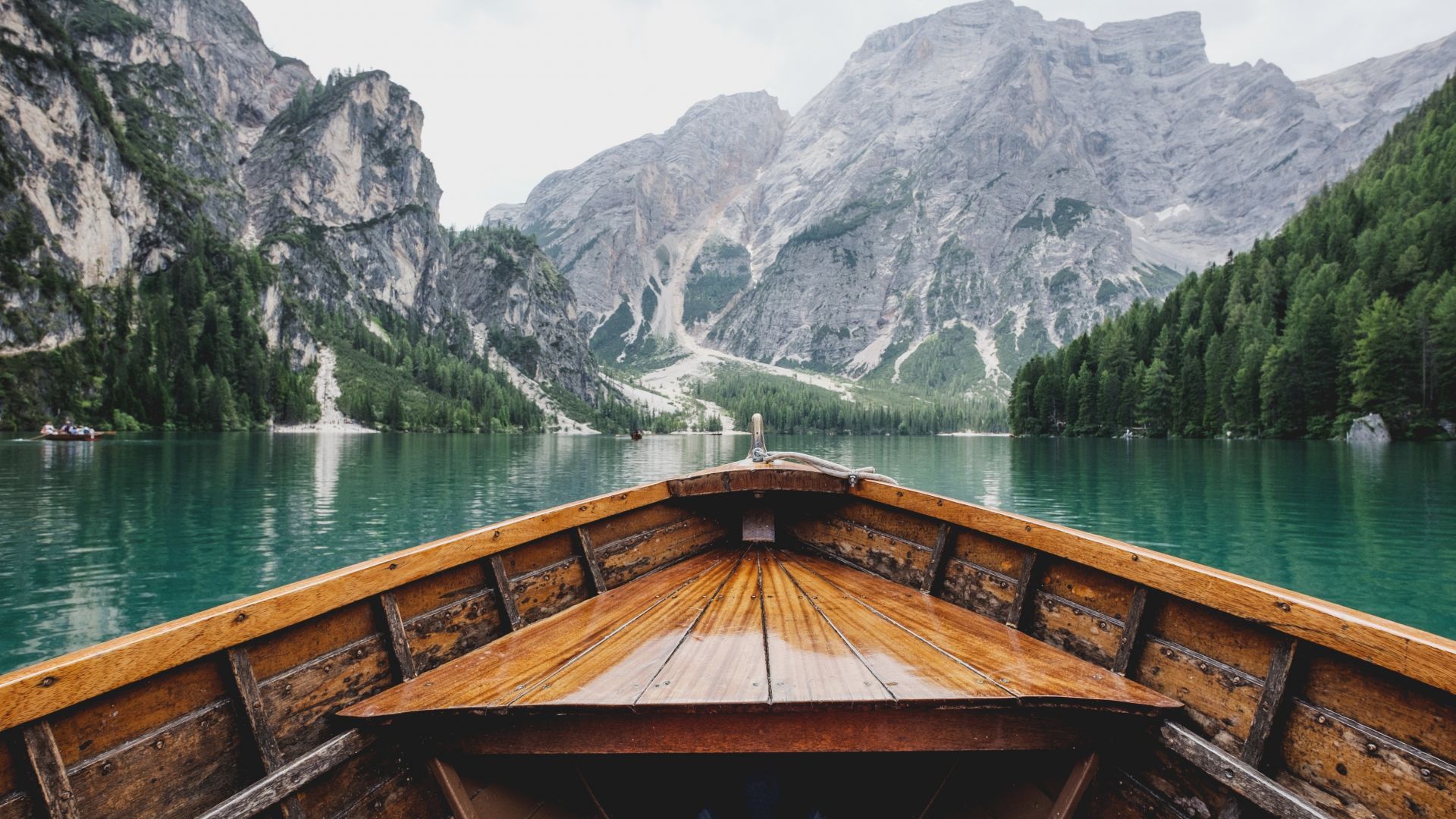 Wallpaper Boat, lake, tree, mountains