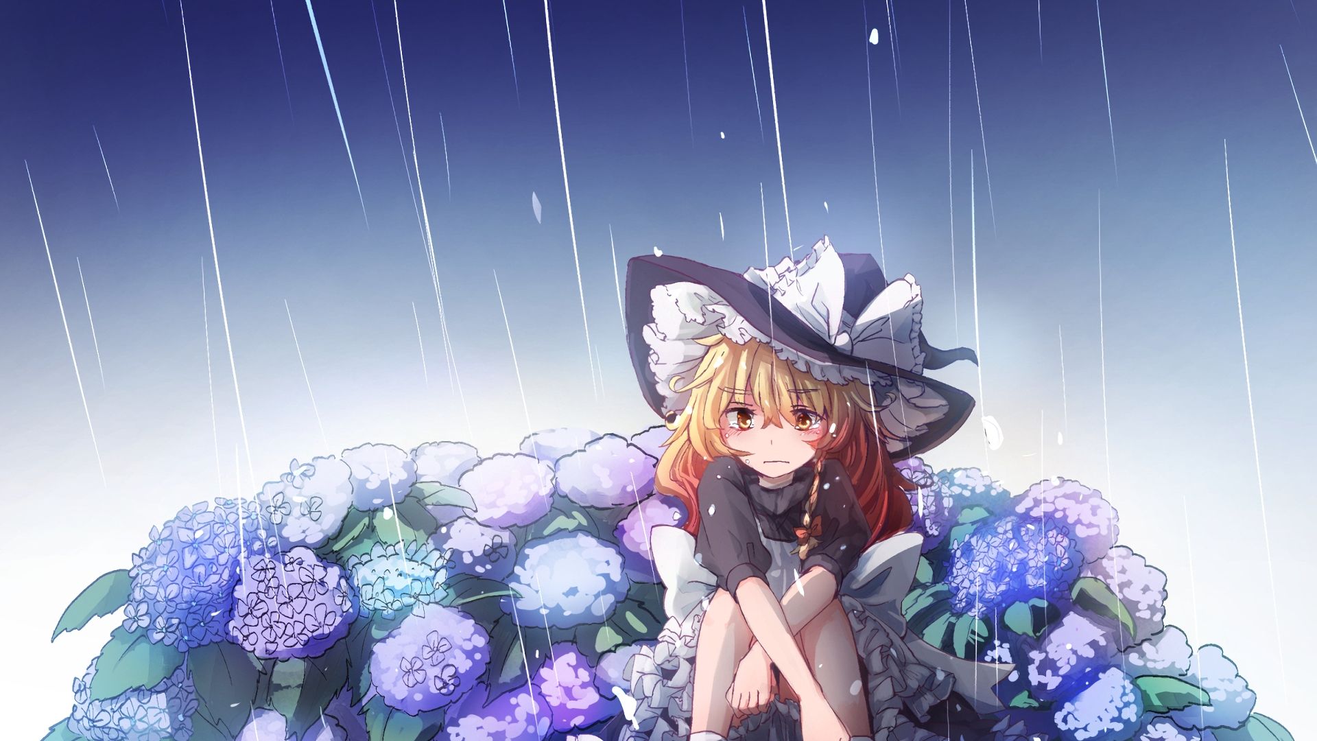 Wallpaper Marisa Kirisame, Touhou, anime girl, sitting, sad