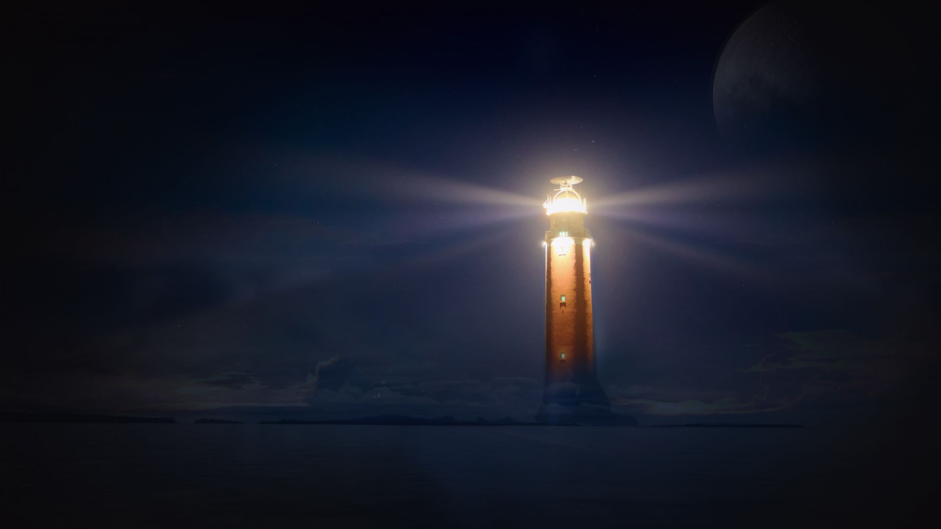 Wallpaper Lighthouse, night, lights, beach, dark