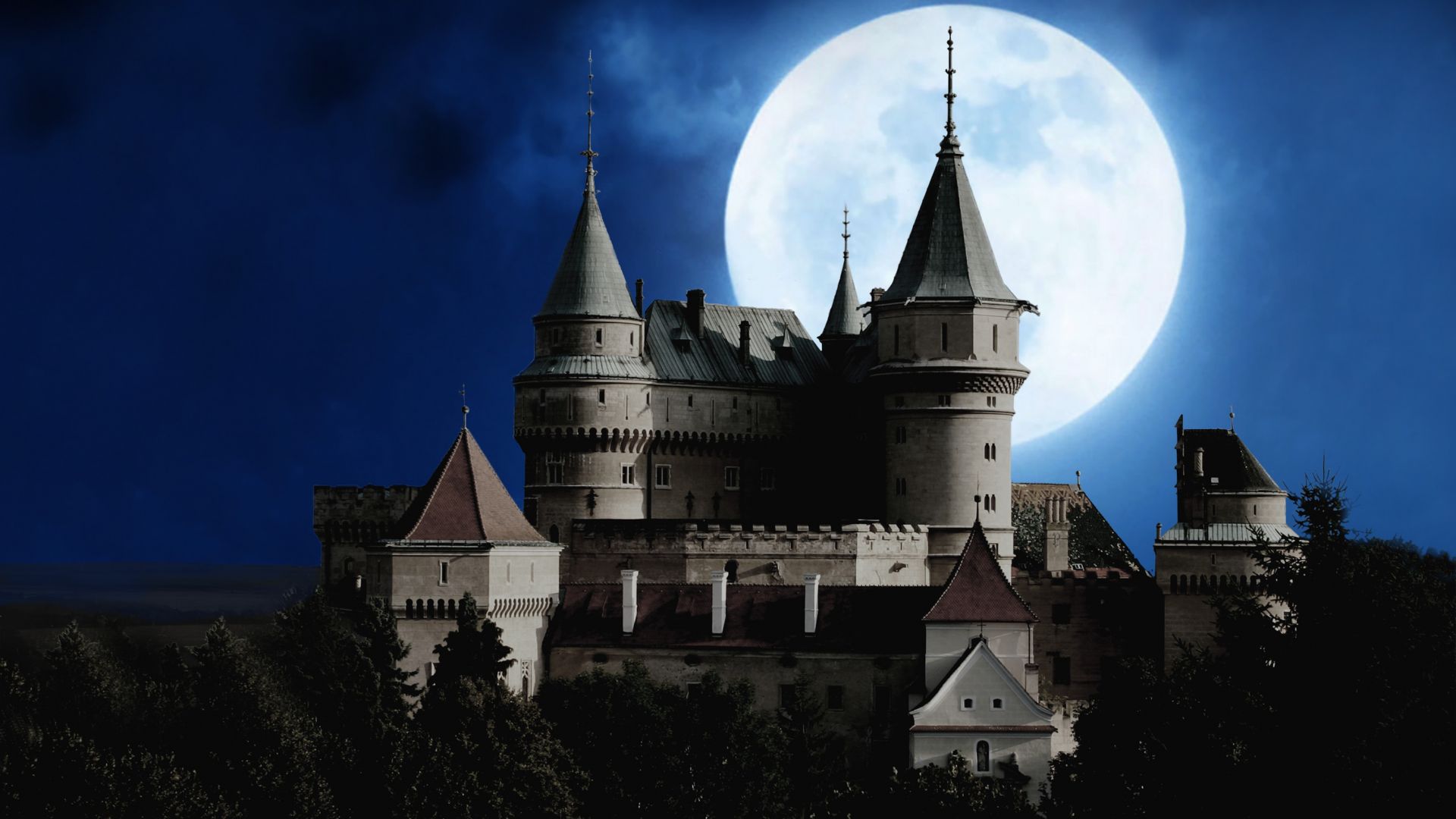 Wallpaper Full Moon, castle, architecture, night