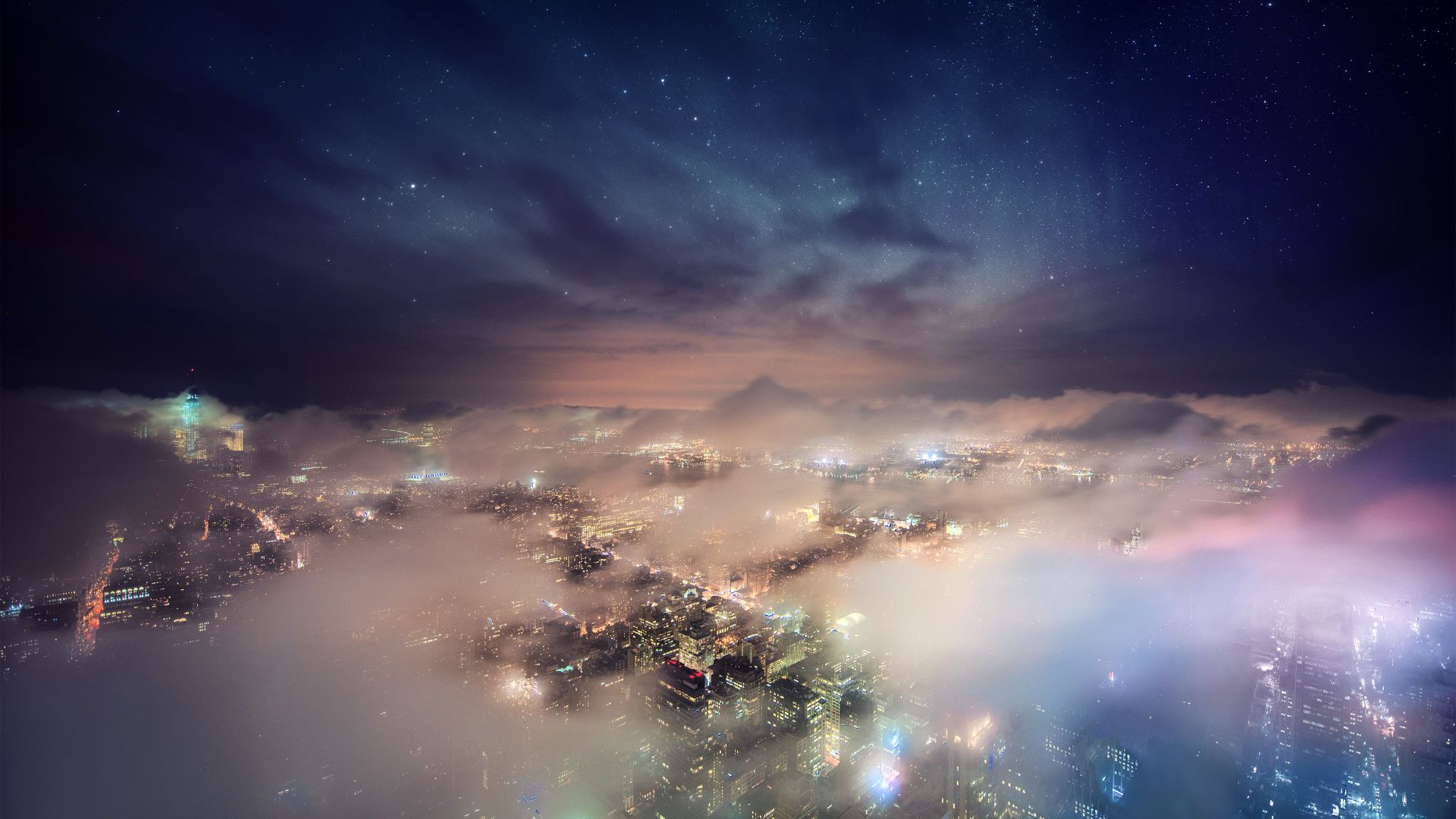 Wallpaper Clouds and city in night
