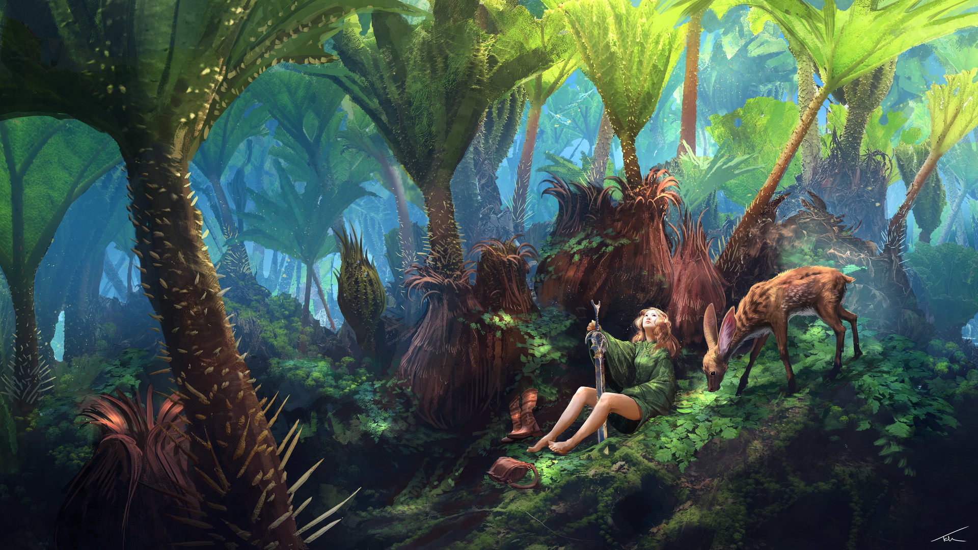 Wallpaper Forest, tree, girl warrior, fantasy