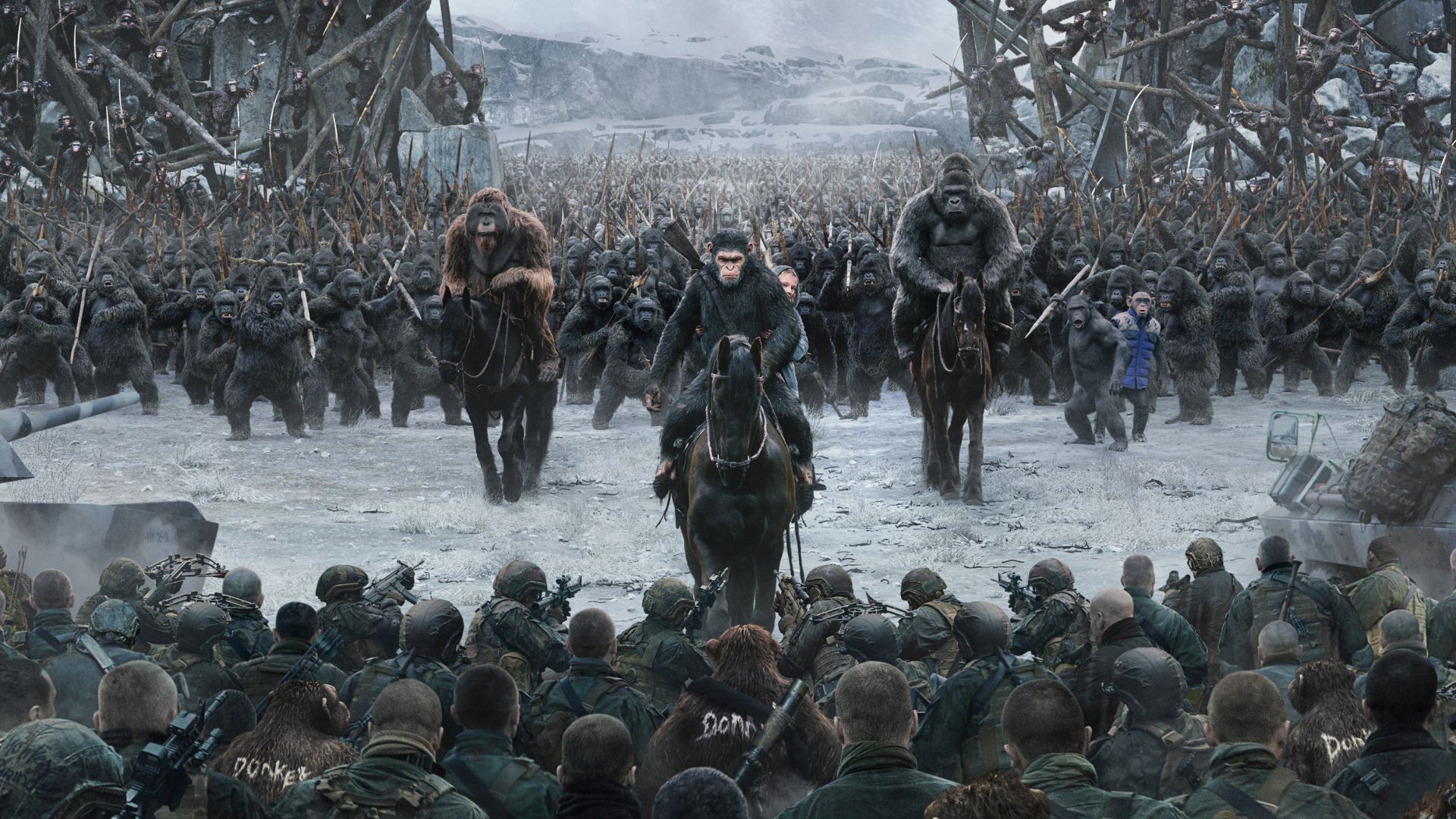 Wallpaper War for the Planet of the Apes, 2017 movie, monkey army