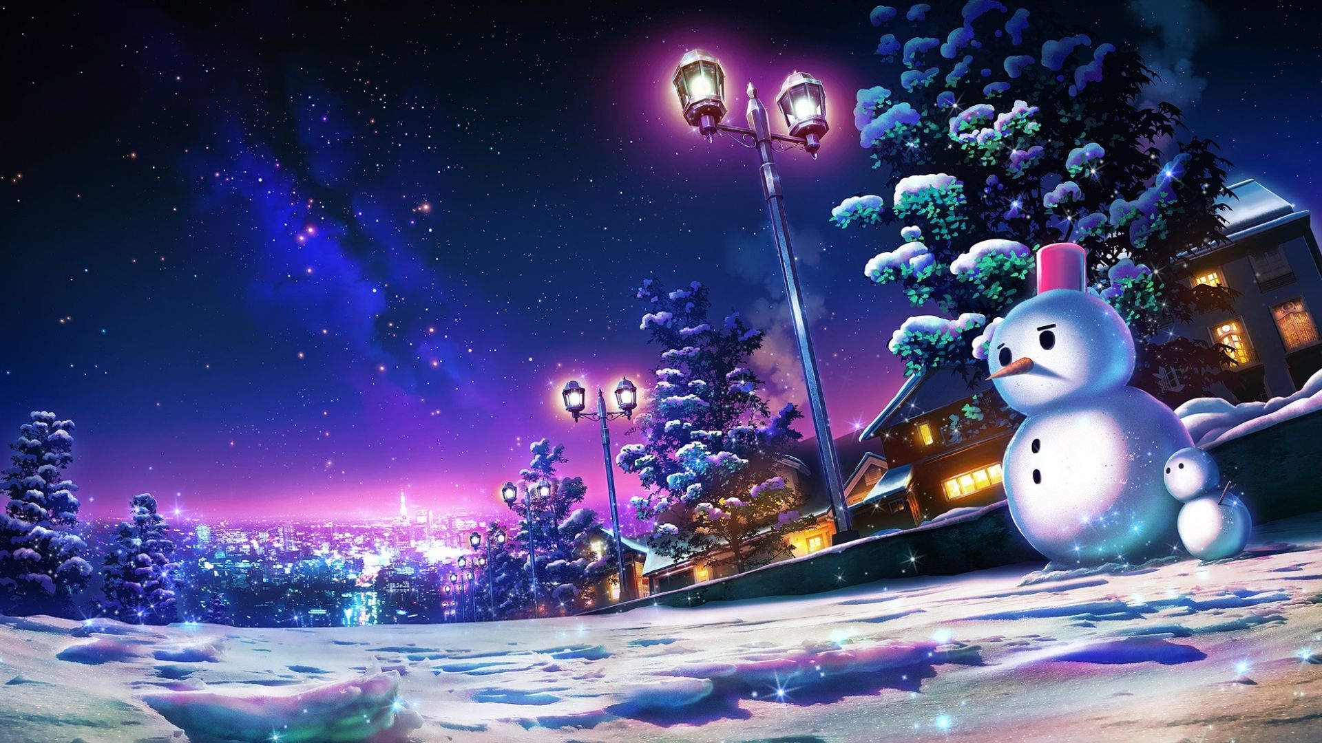 Wallpaper Snowman, winter, lamp, night, art