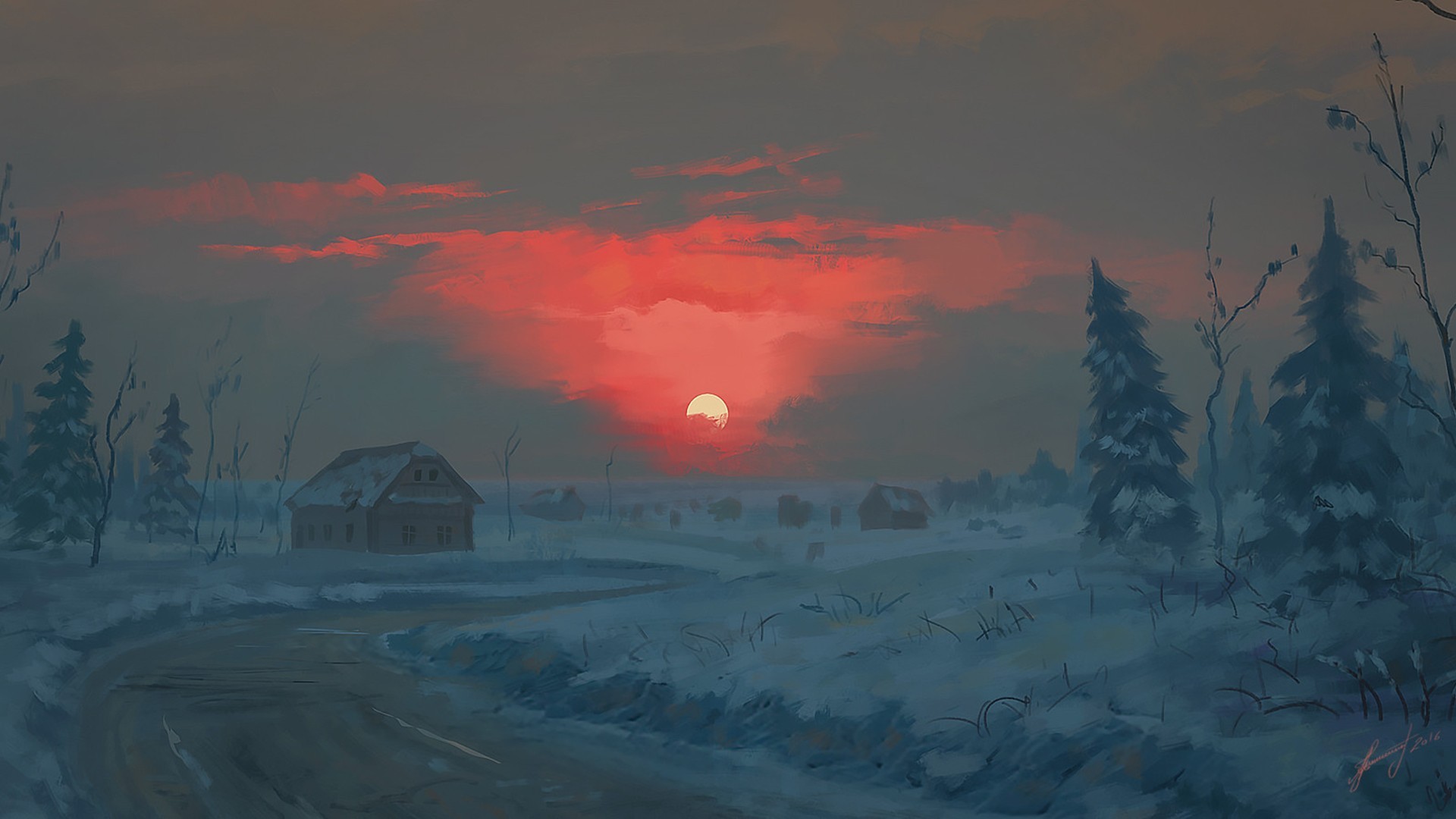 Wallpaper Sunset, landscape, art, winter