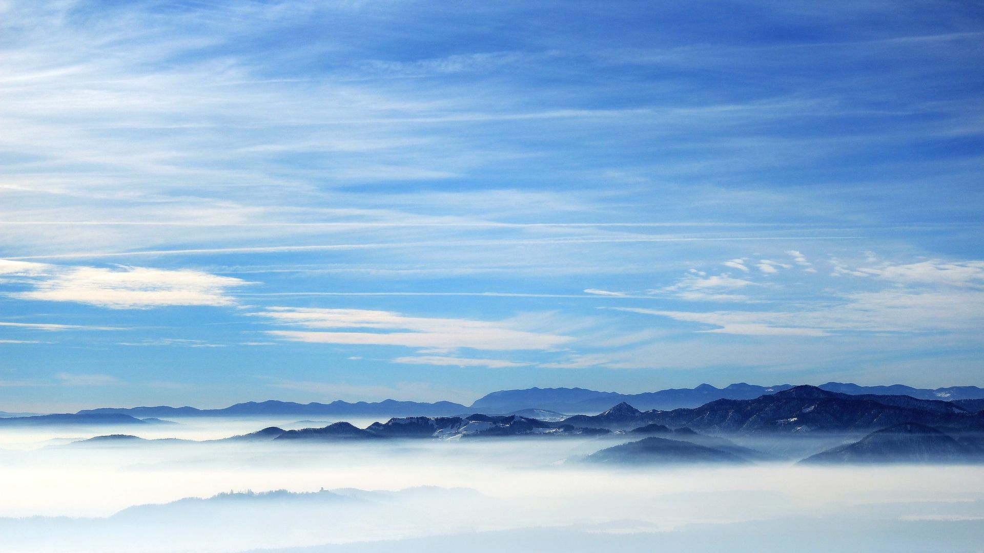 Wallpaper Sky, blue mountains, clouds, fog, horizon