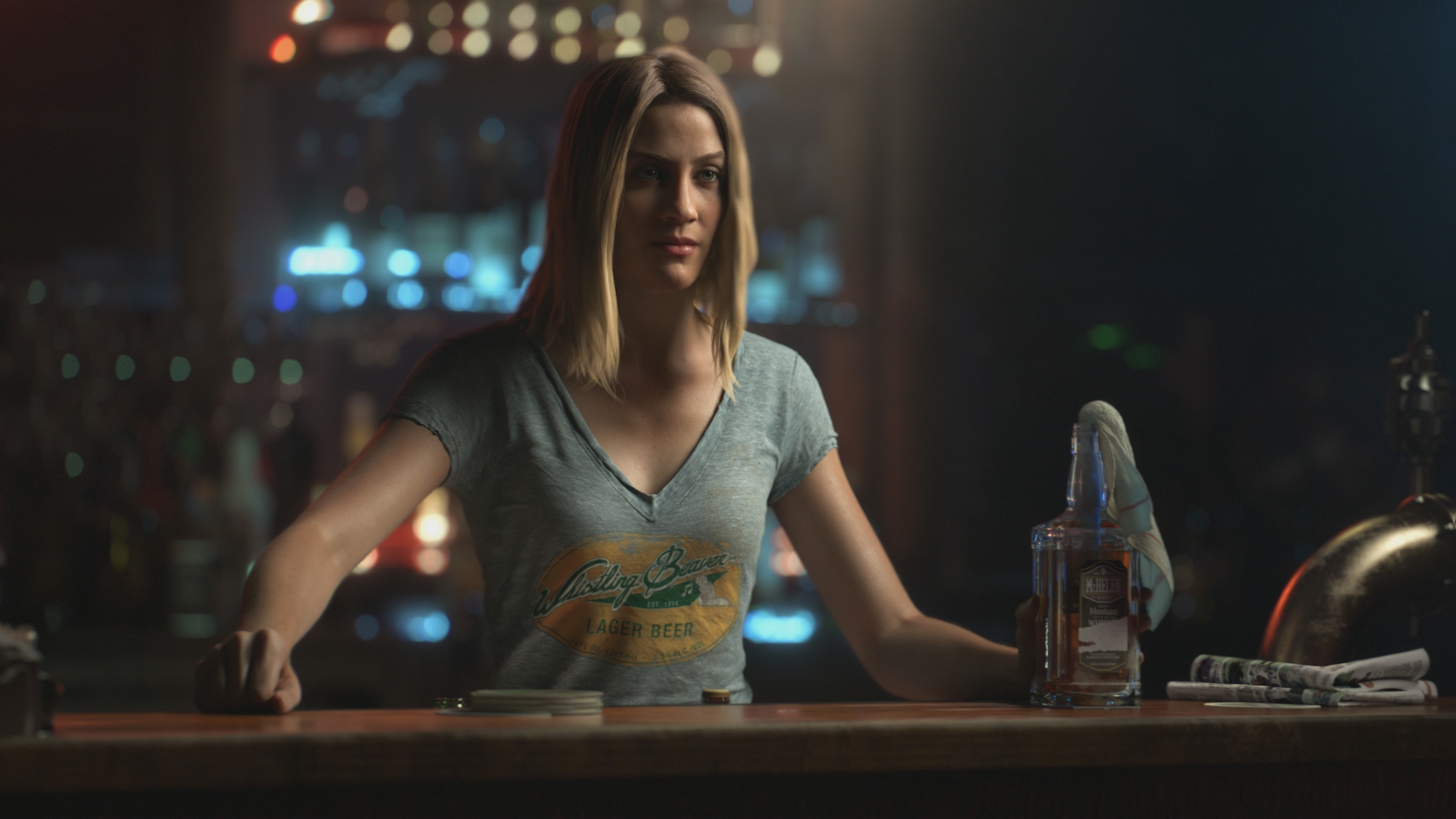 Wallpaper Far Cry 5, video game, bar, bartender girl