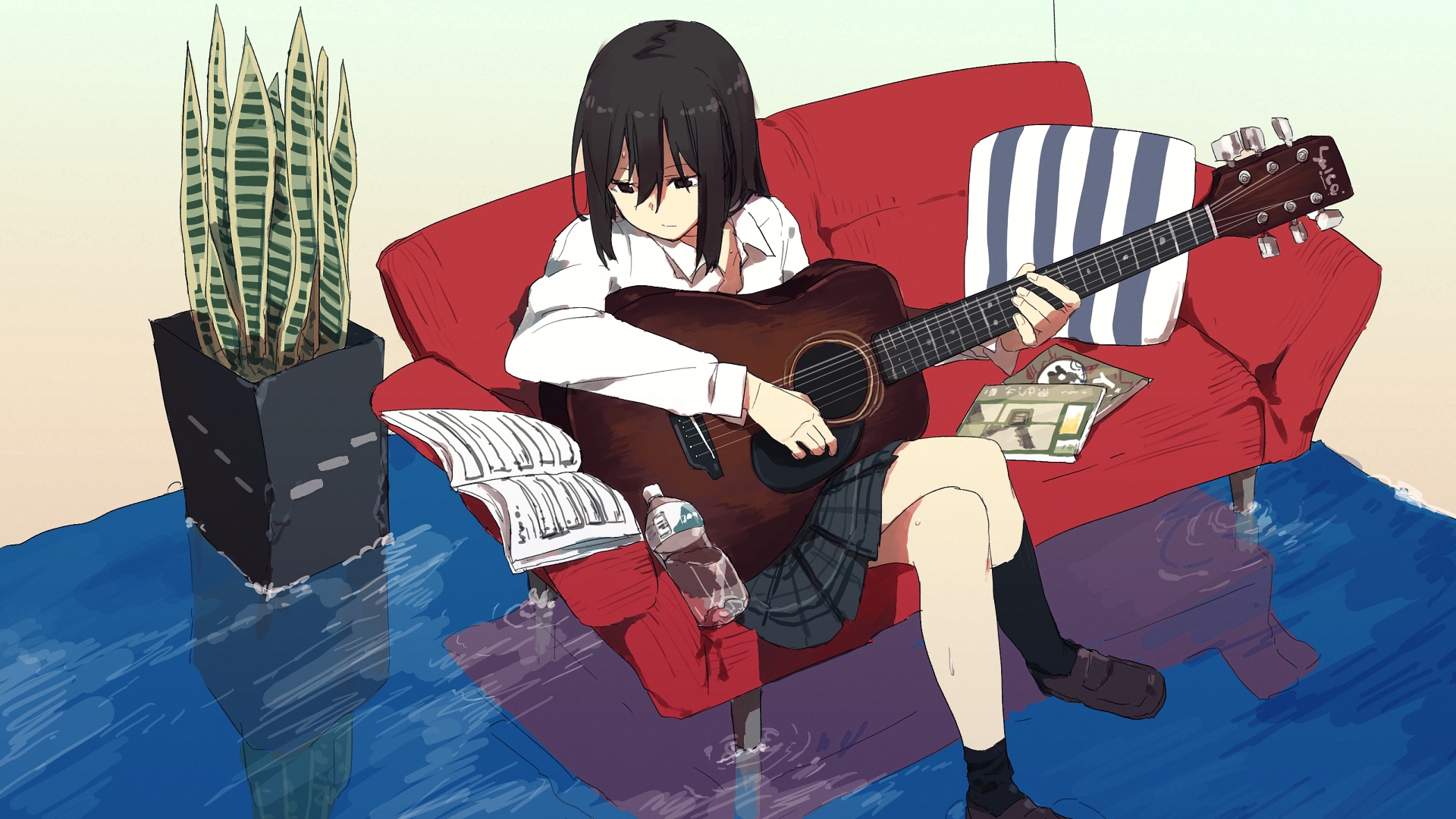 Desktop Wallpaper Guitar, Play, Anime Girl, Sofa, Original, Hd Image,  Picture, Background, Q9kvn