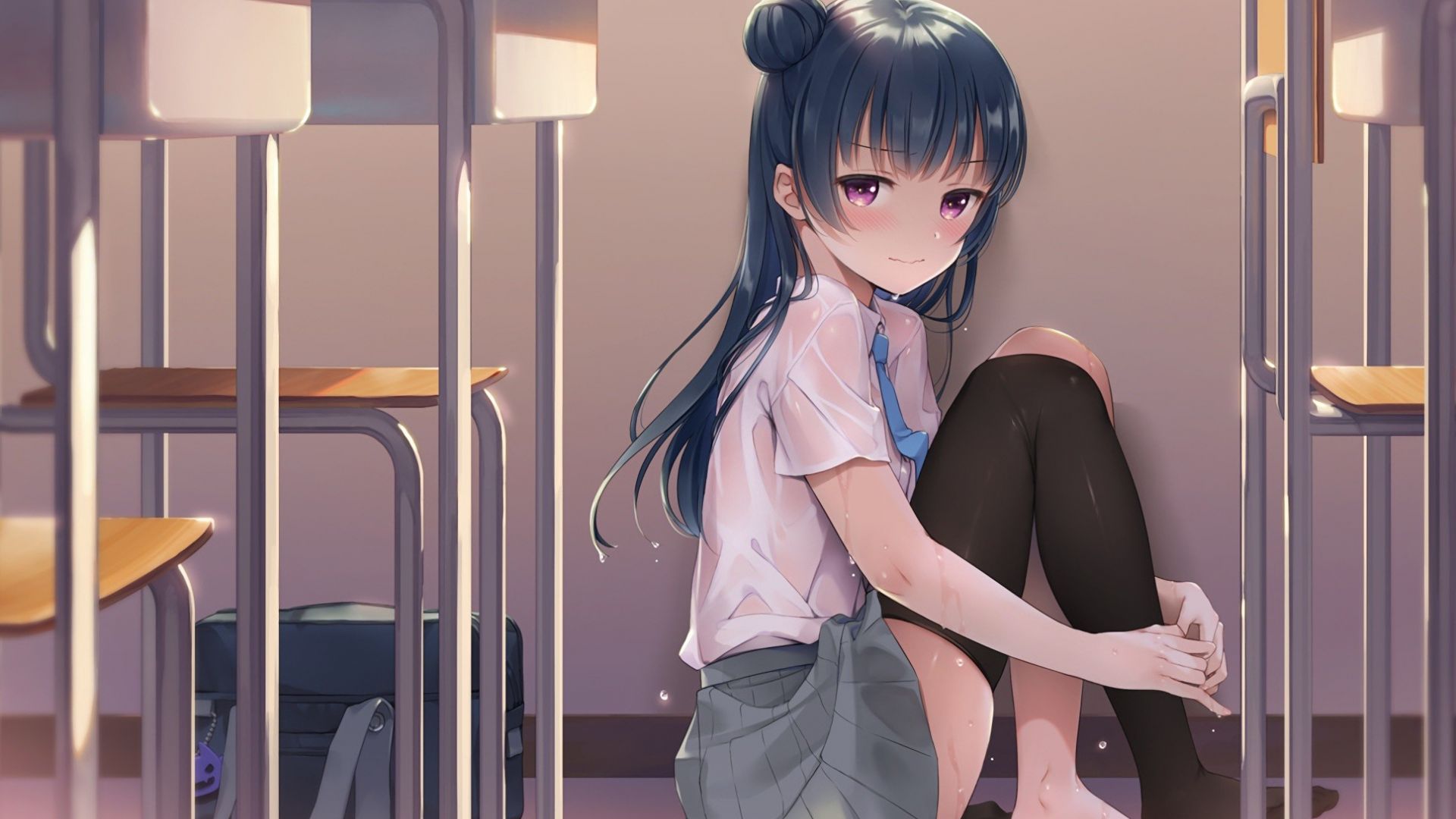 Wallpaper Anime girl in classroom, cute anime, sitting