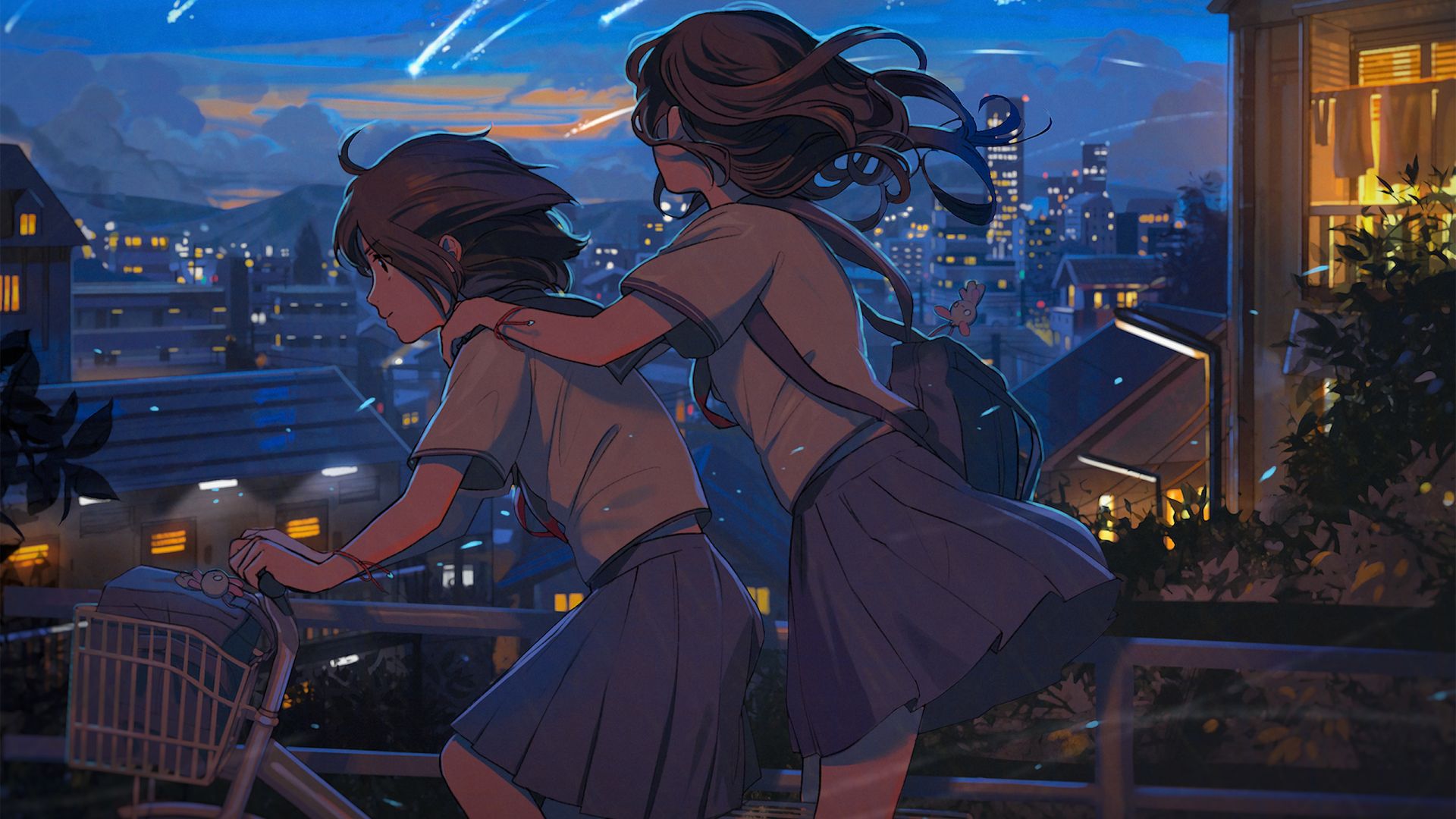 Wallpaper Anime girls, chasing stars, night, bike