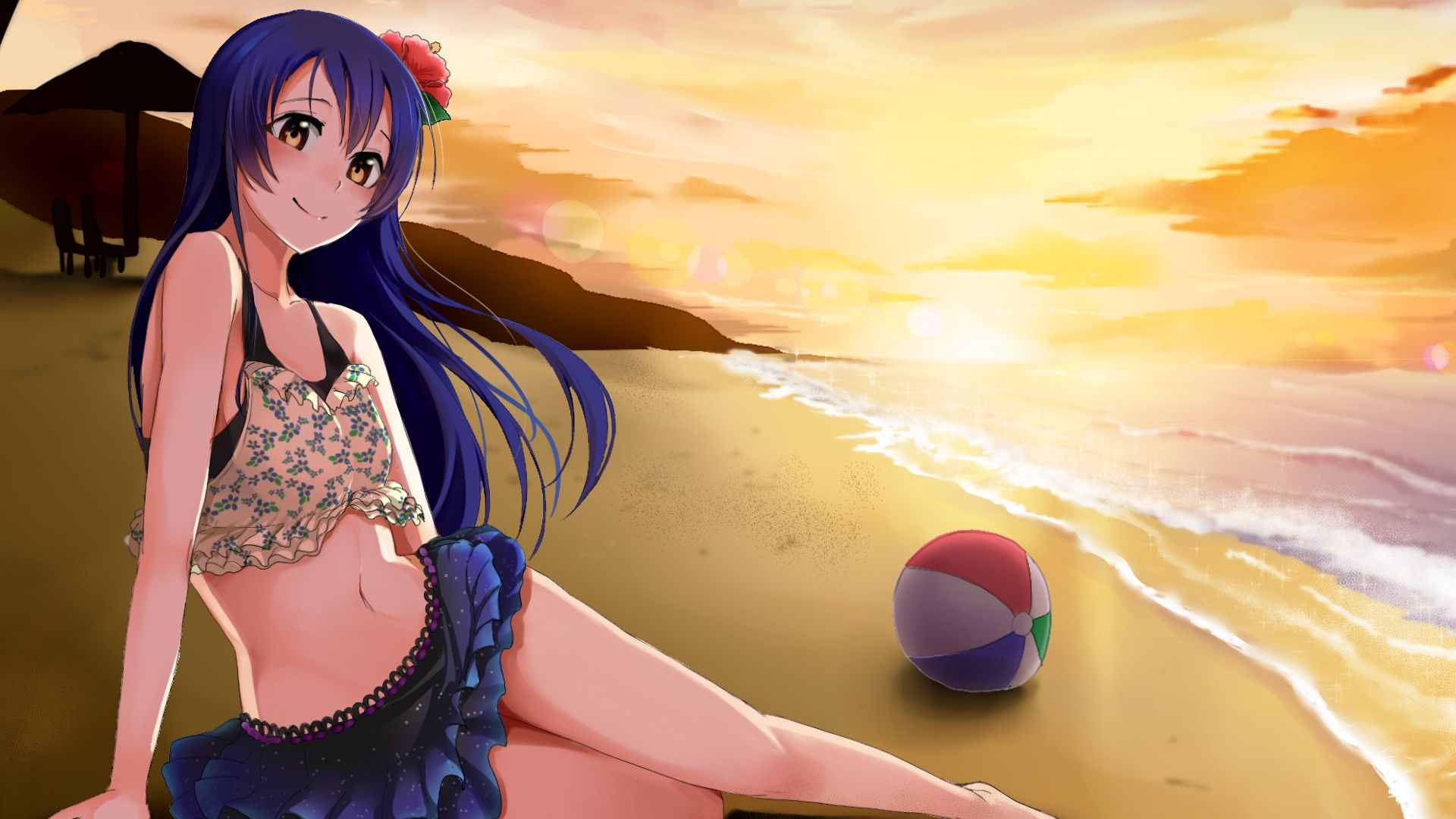 Wallpaper Blue hair anime girl, beach, ball, sunset