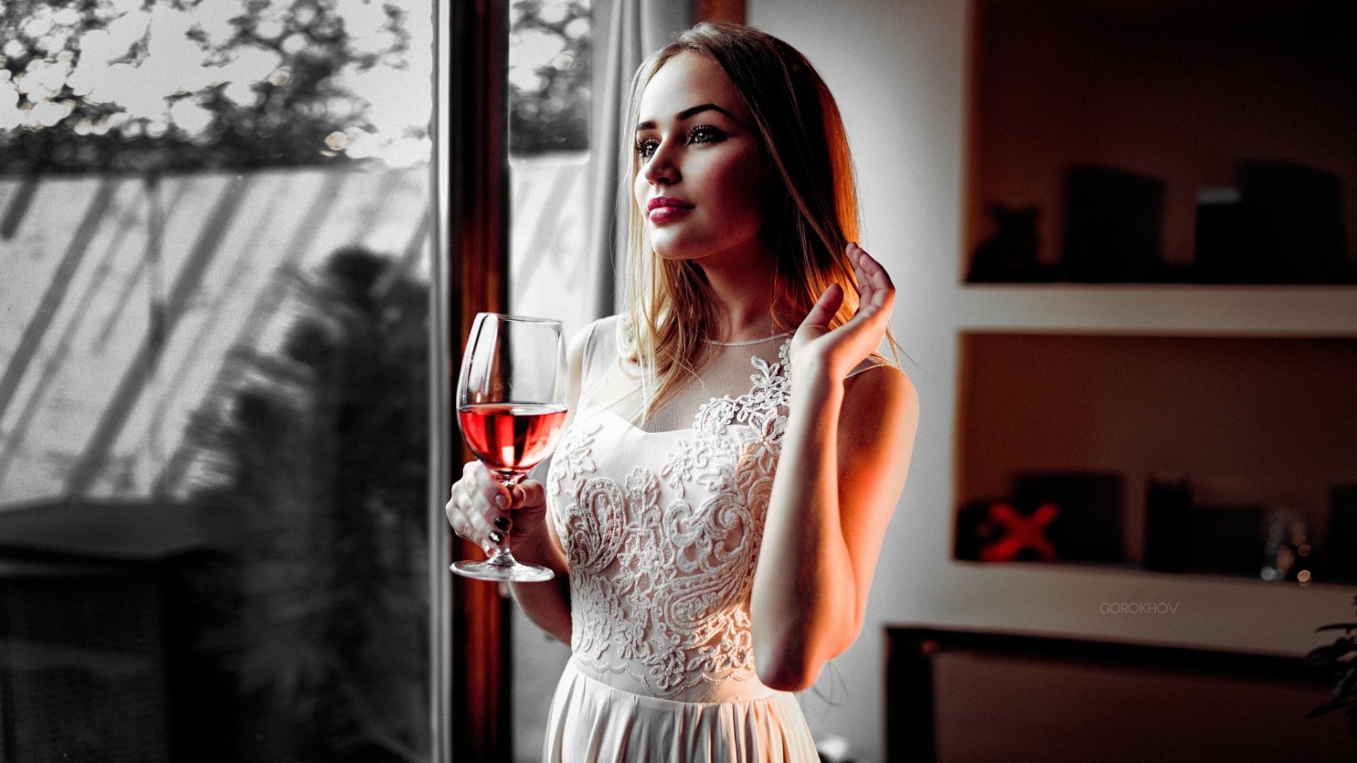 Wallpaper Blonde, girl, drinking red wine, brunette, beautiful