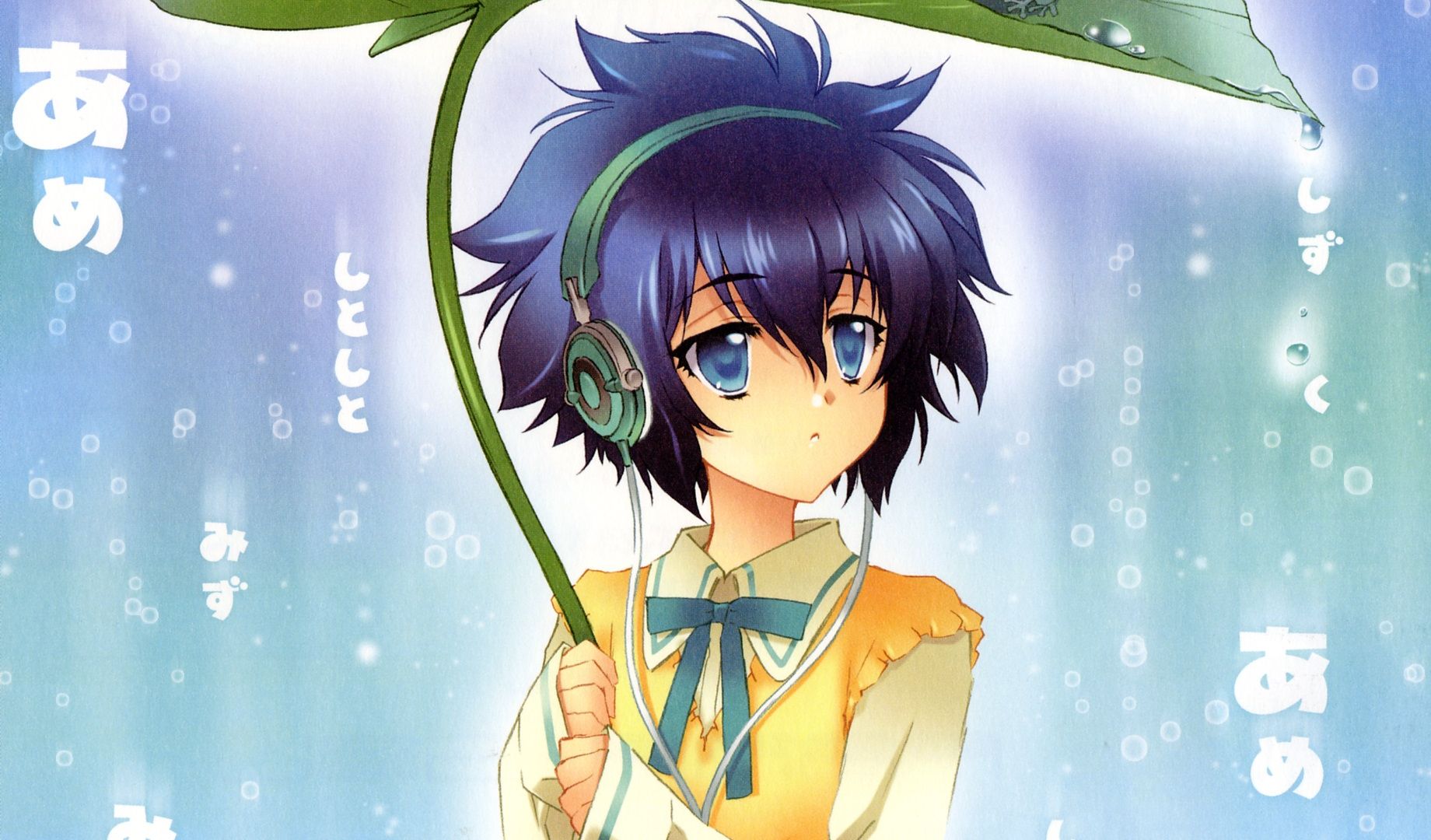 Wallpaper Yatabe Miu, short hair, anime girl, leaf, rain, head phone