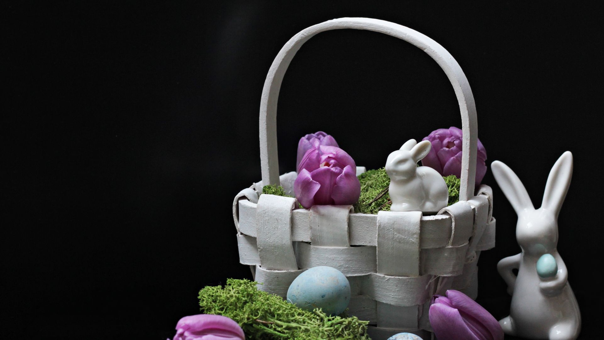 Wallpaper Hare, Easter bunny, Easter, spring, eggs, basket, tulilps