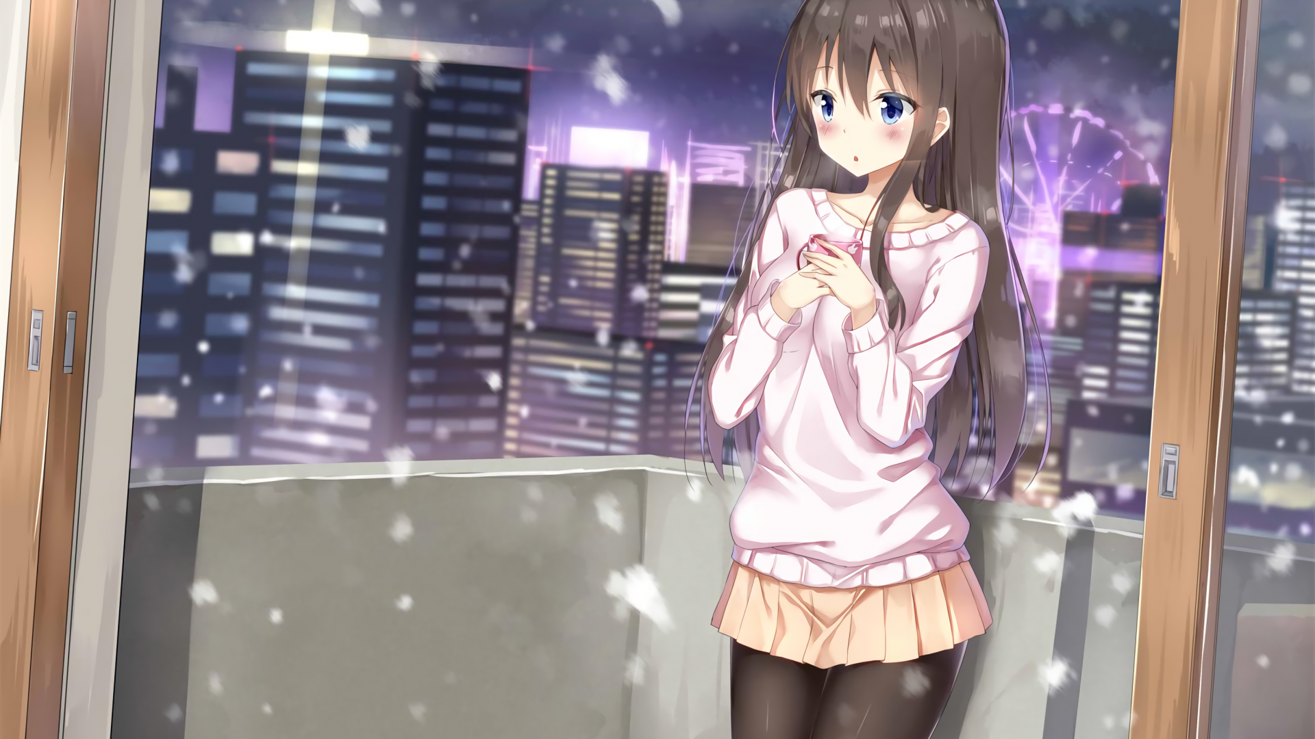 Wallpaper Cute long hair anime girl enjoying snow fall