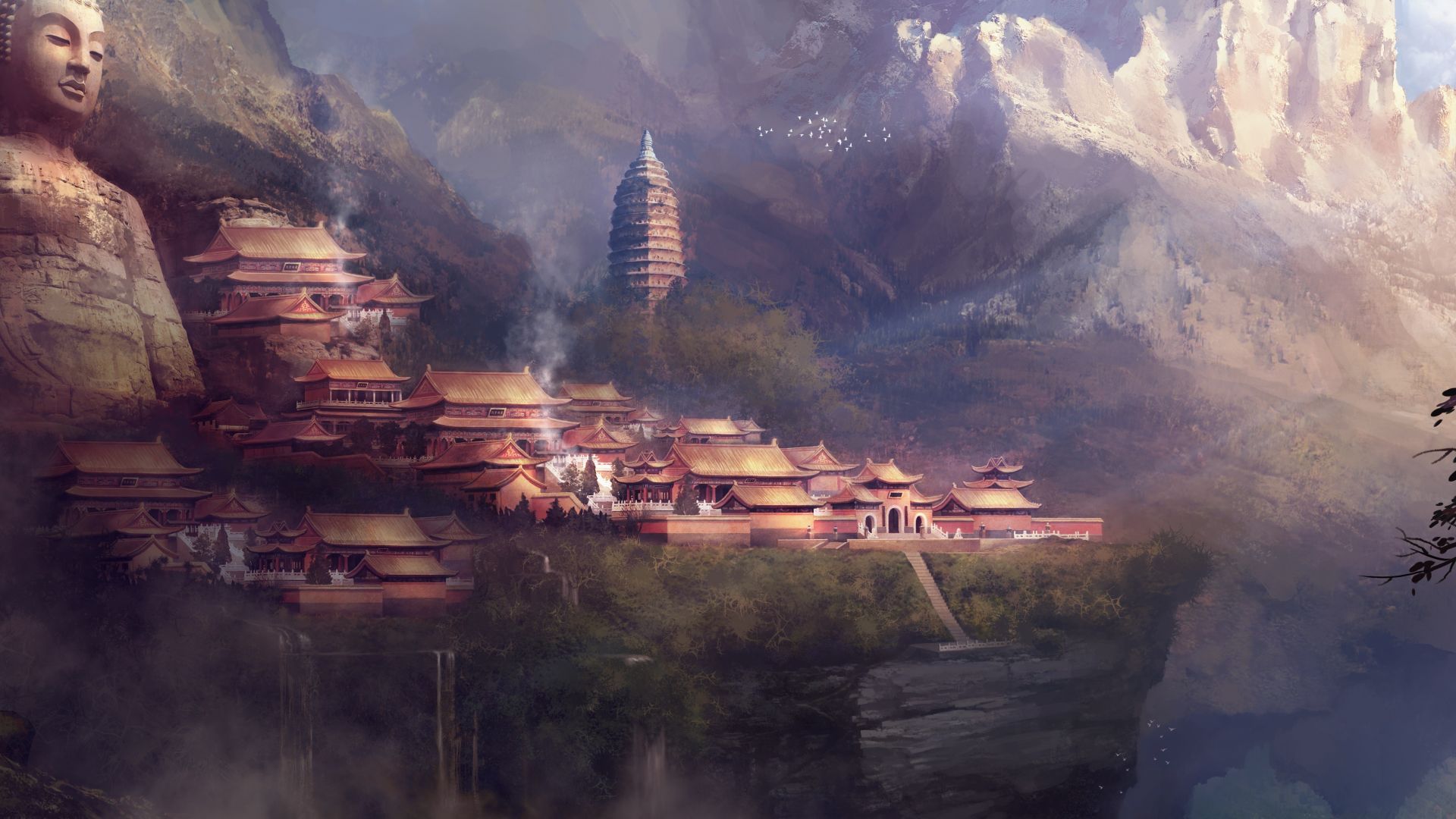 Wallpaper Swordsman Online game, buddha, mountains, village