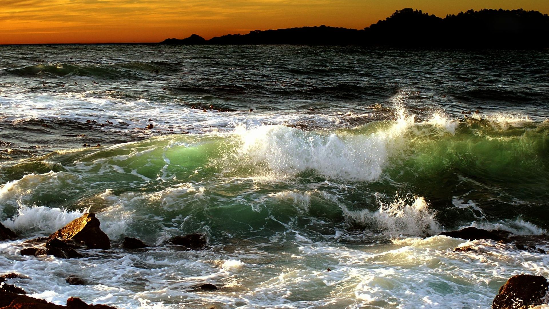 Wallpaper Sea waves, sunset, nature
