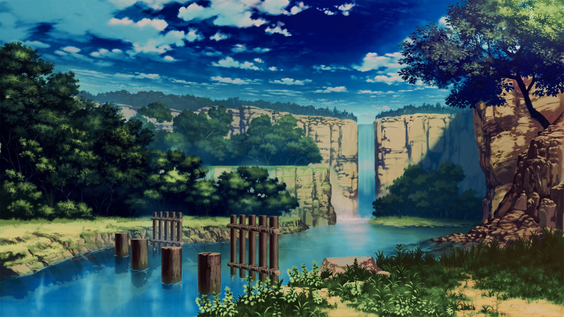 Wallpaper Anime river, waterfall, nature
