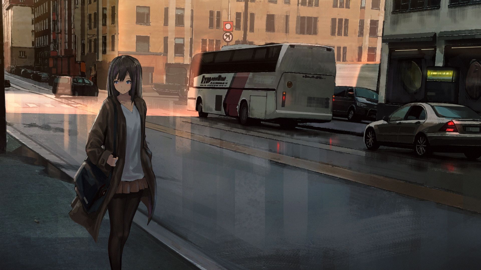 Wallpaper Lone walk, street, road, anime girl