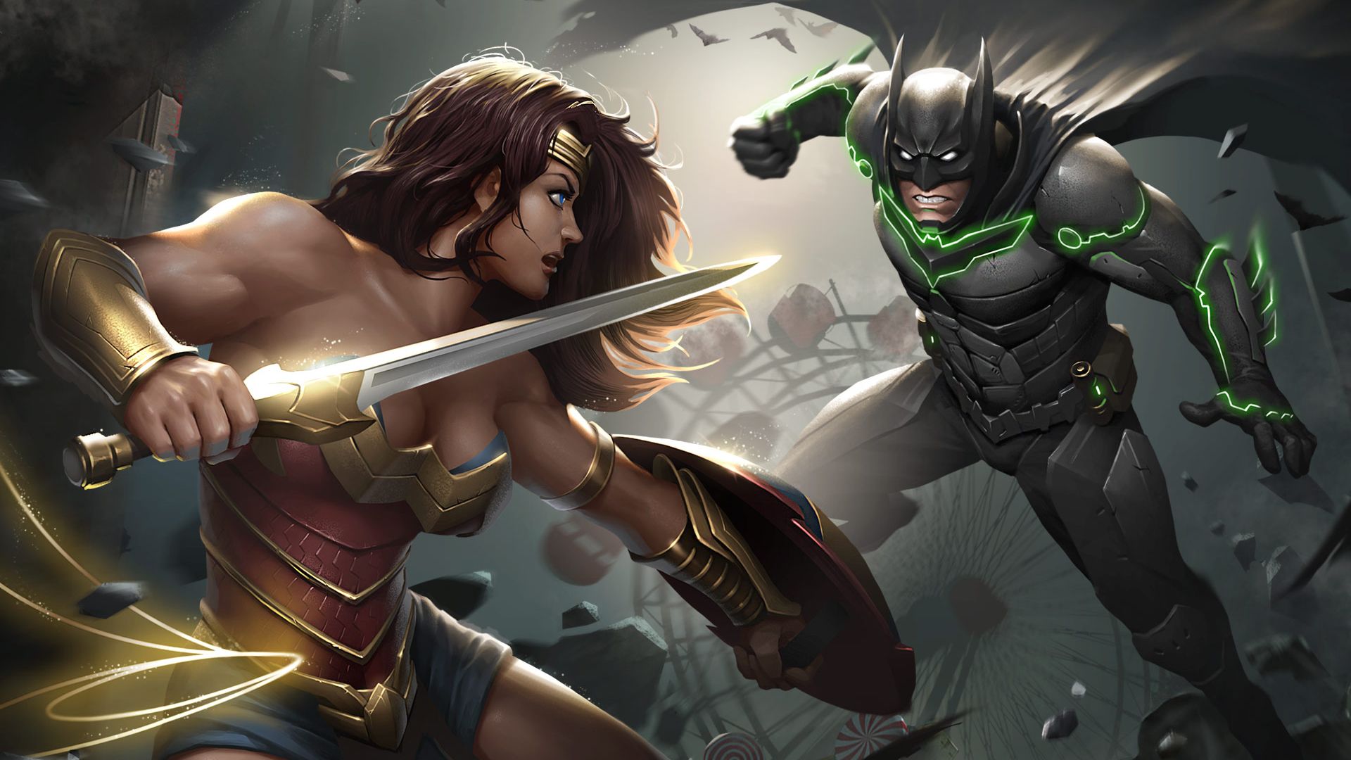 Wallpaper Injustice 2, video game, wonder woman, batman, fight