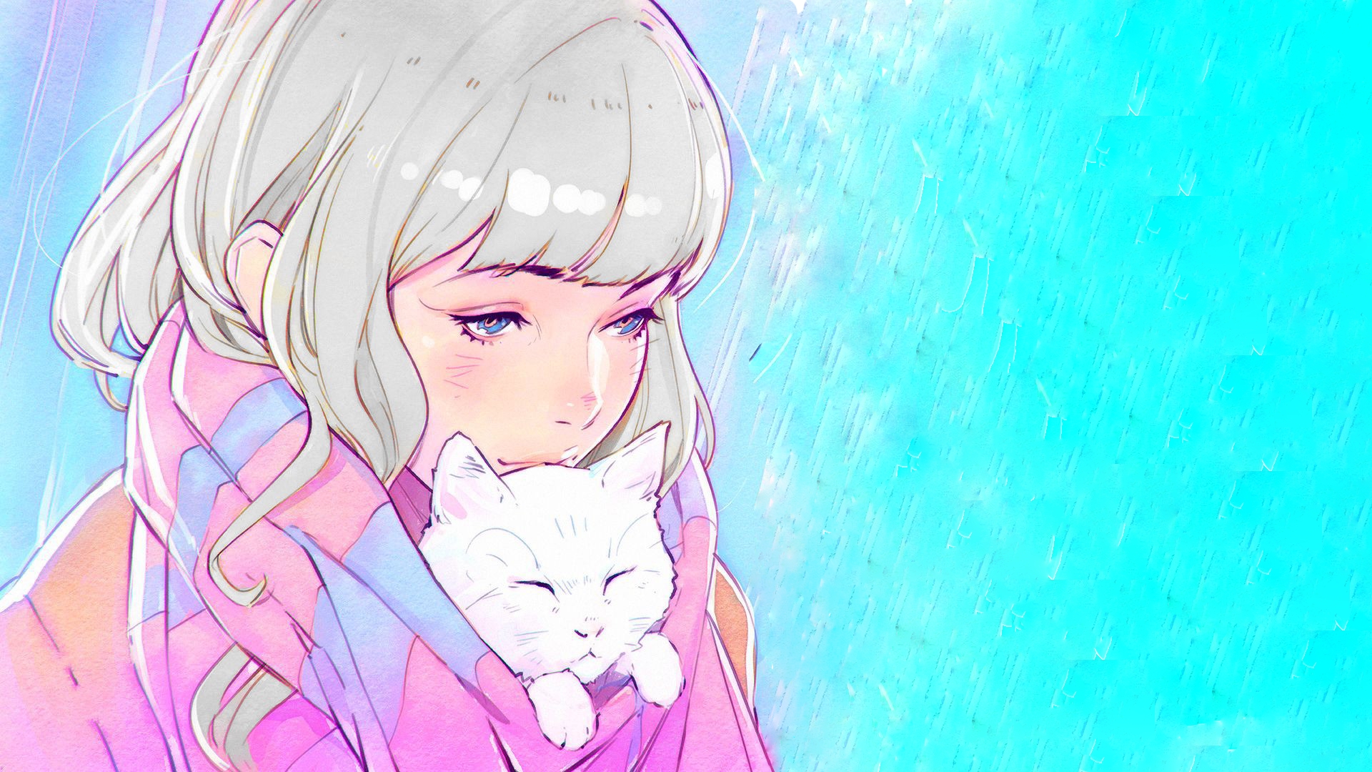 Wallpaper Anime girl, white hair, kitten